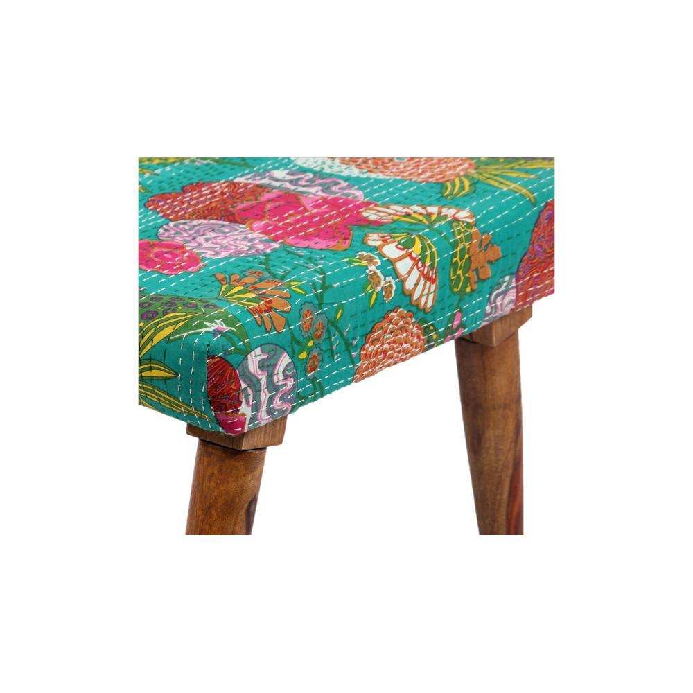 Queens Solid Wood Pouf Stool in Sea Green Fruit Print fabric
