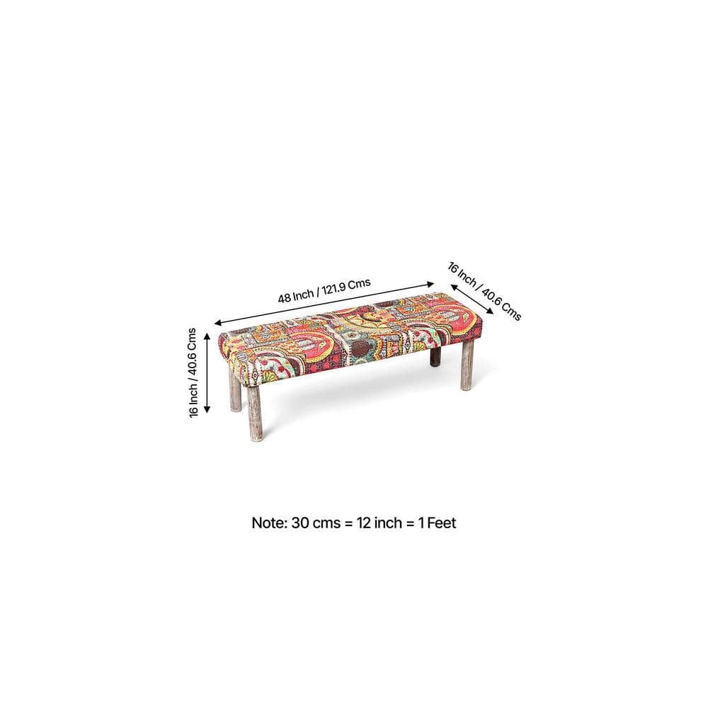 Asteria Solid Wood 2 Seater Bench Set With 2 Stools In Multi Colour Israel Print Kantha Fabric