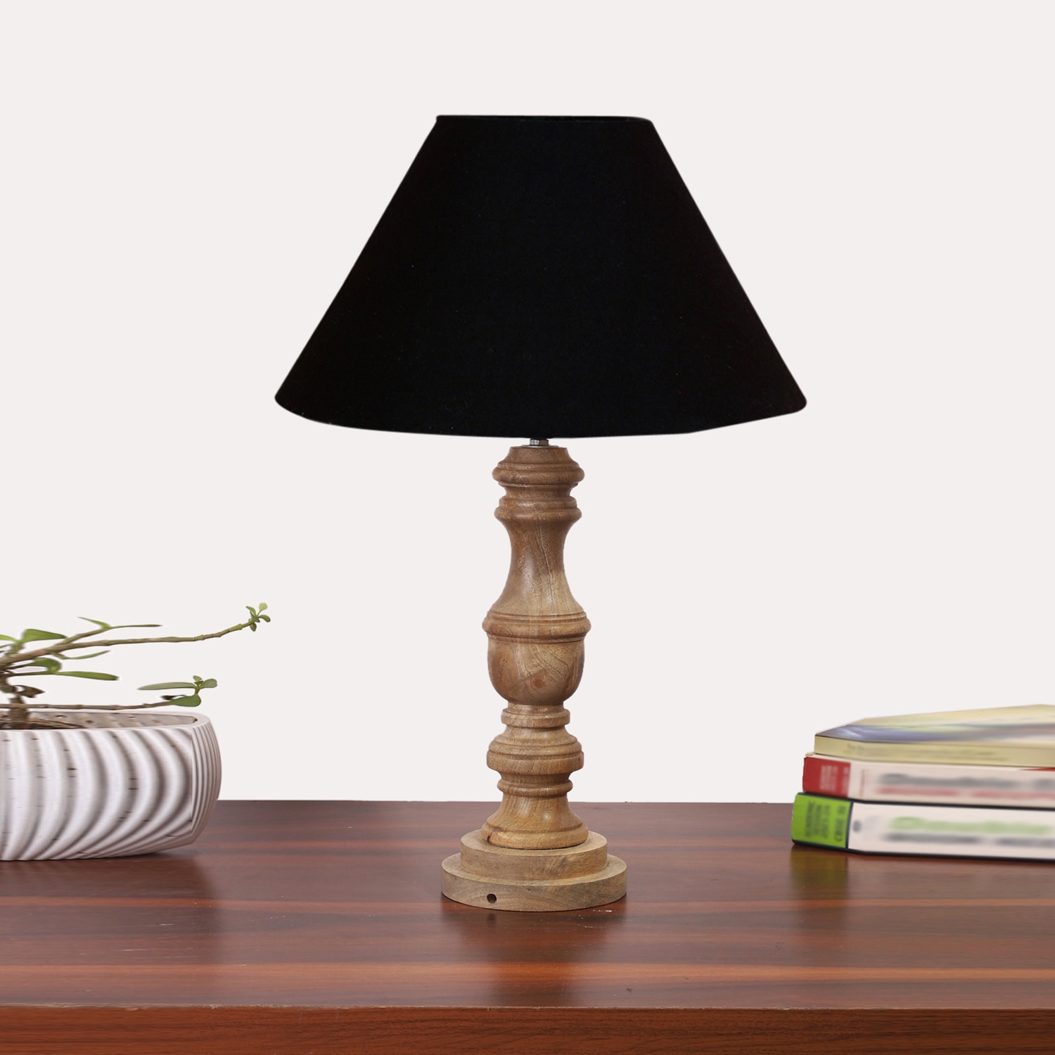 Devansh Black Cotton Table Lamp With  Wood Natural Base (10X18 Inches)-28 - Devansh