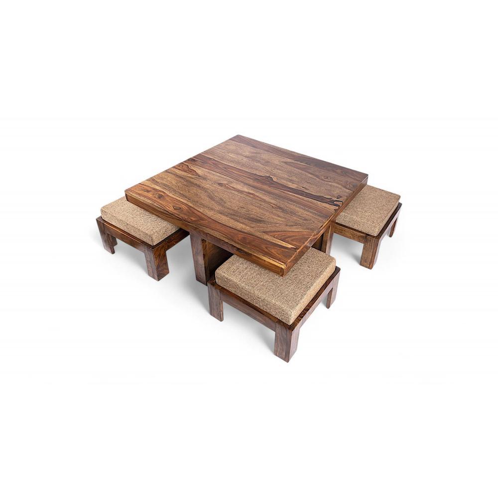 Blane Sheesham Wood 4 Seater Coffee Table Set In Teak Finish