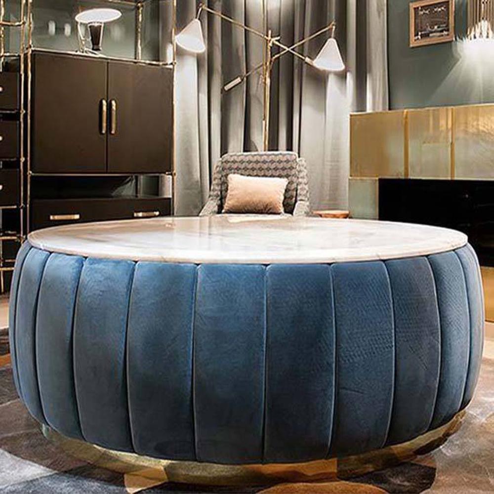 Brit Round Upholstered Coffee Table With Ms Base In Gold Colour & White Stone Top