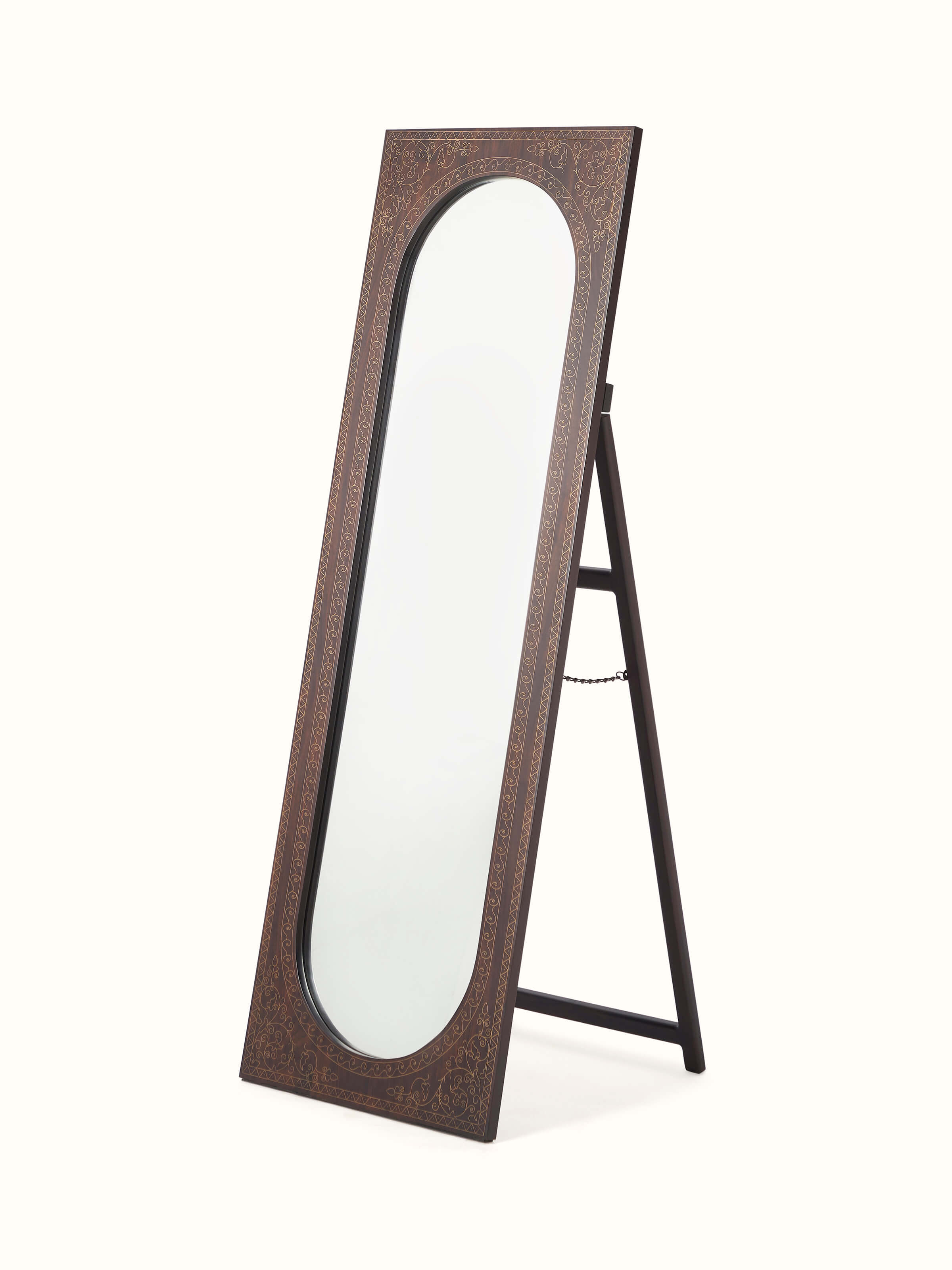 Side angle of Sheesham Wood & Brass Tarkashi Mirror, showcasing the detailed brass inlay and wood craftsmanship