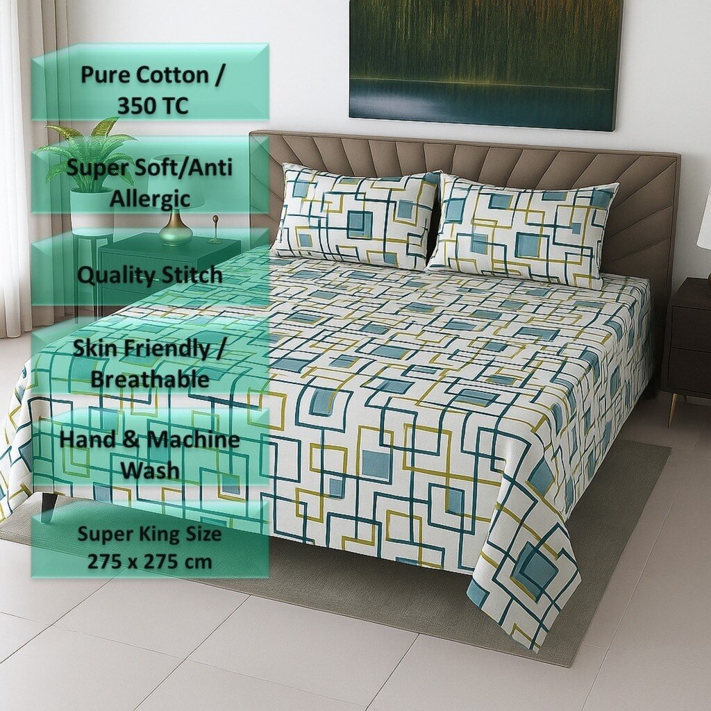 White & Green  Color Geometric 350 TC Cotton Flat Super King Bed Size Bedsheet With 2 Pilllow Covers  Threads