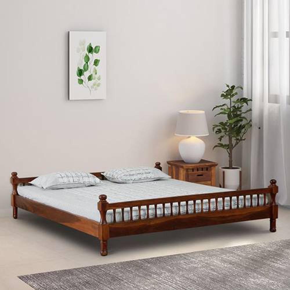 Wood Solid Wood King Size Non Storage Bed In Honey Oak Finish