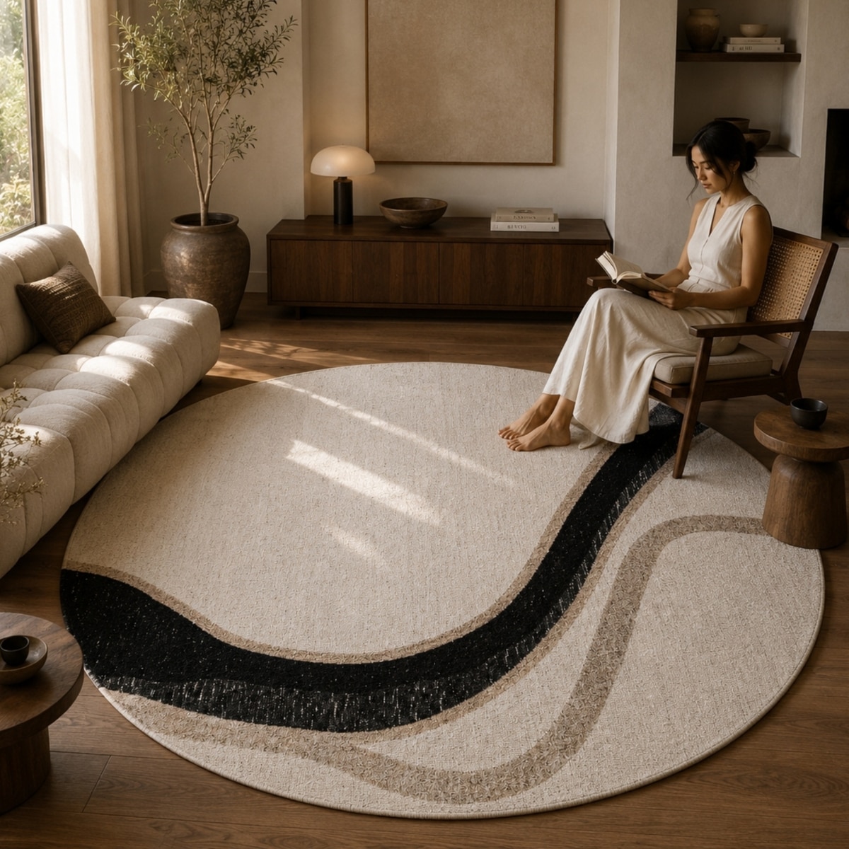 Handmade Round Natural Wool Rug Abstract Flow Ivory 8 Feet Carpet - NEU LOOMS