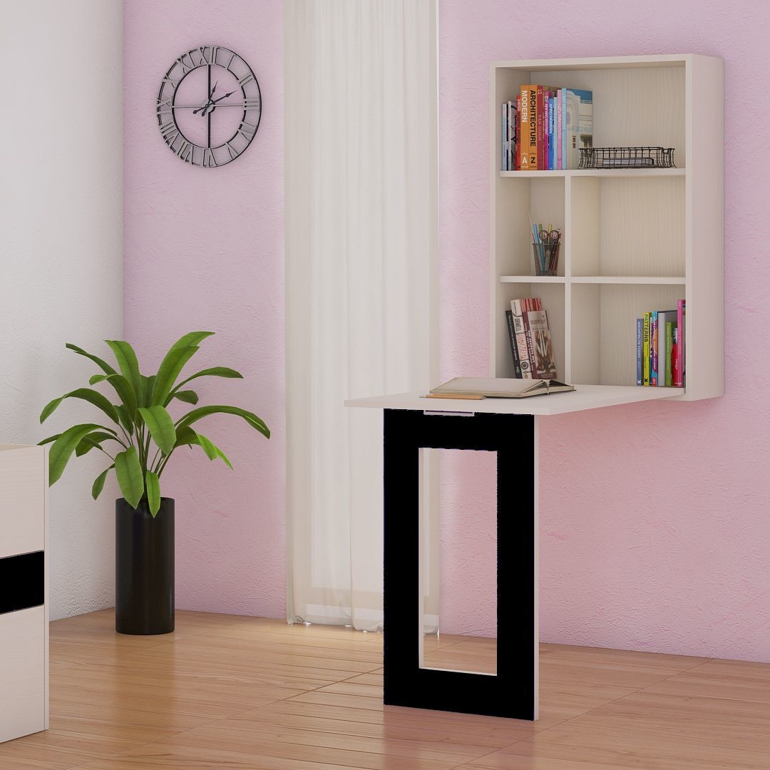 Calypso Wall Mounted Folding Study Desk and Built In Bookshelf in Light Wood Carbon Black Colour