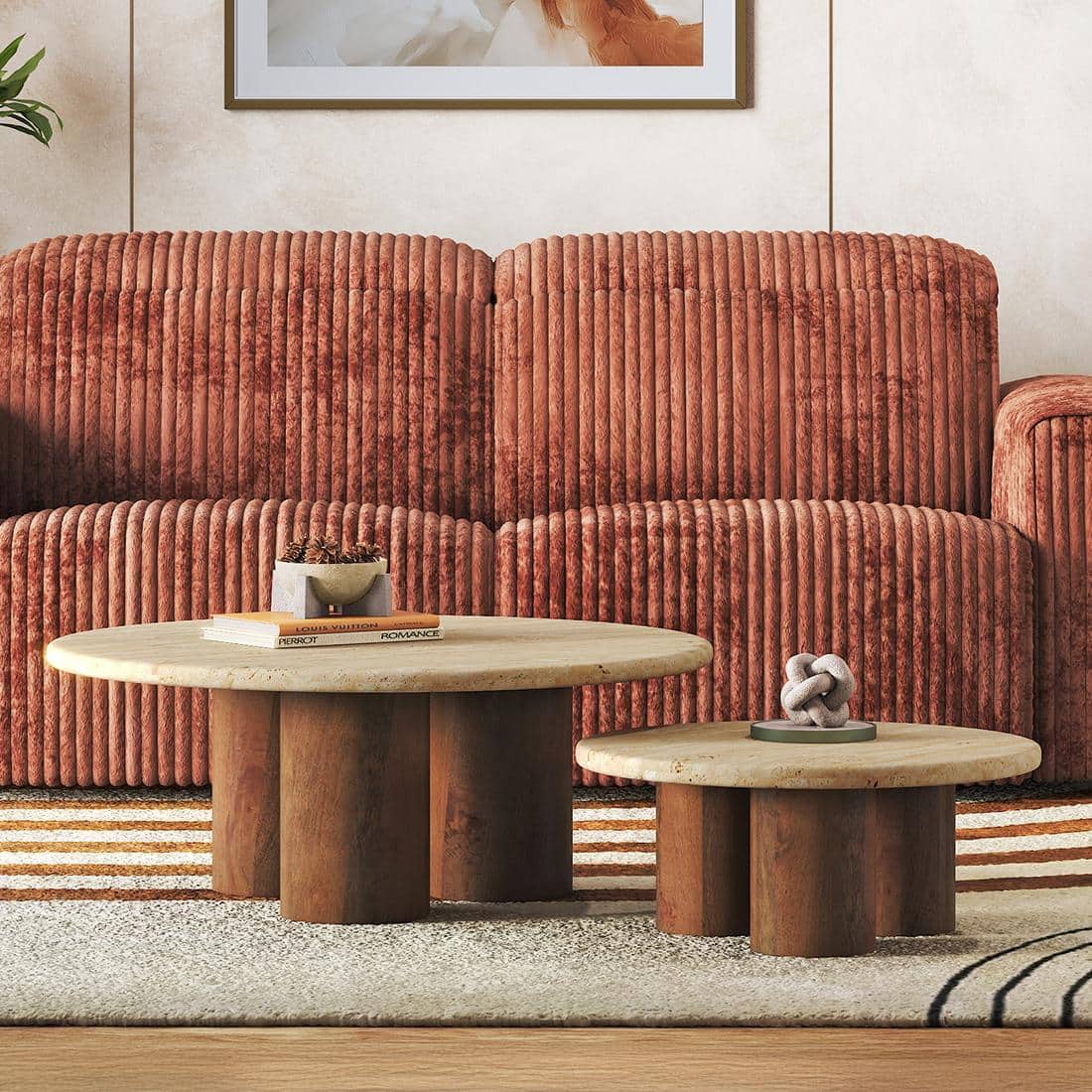 Enzo Nested Round Coffee Table In Travertine Marble And Solid Wood In Amber Walnut Finish