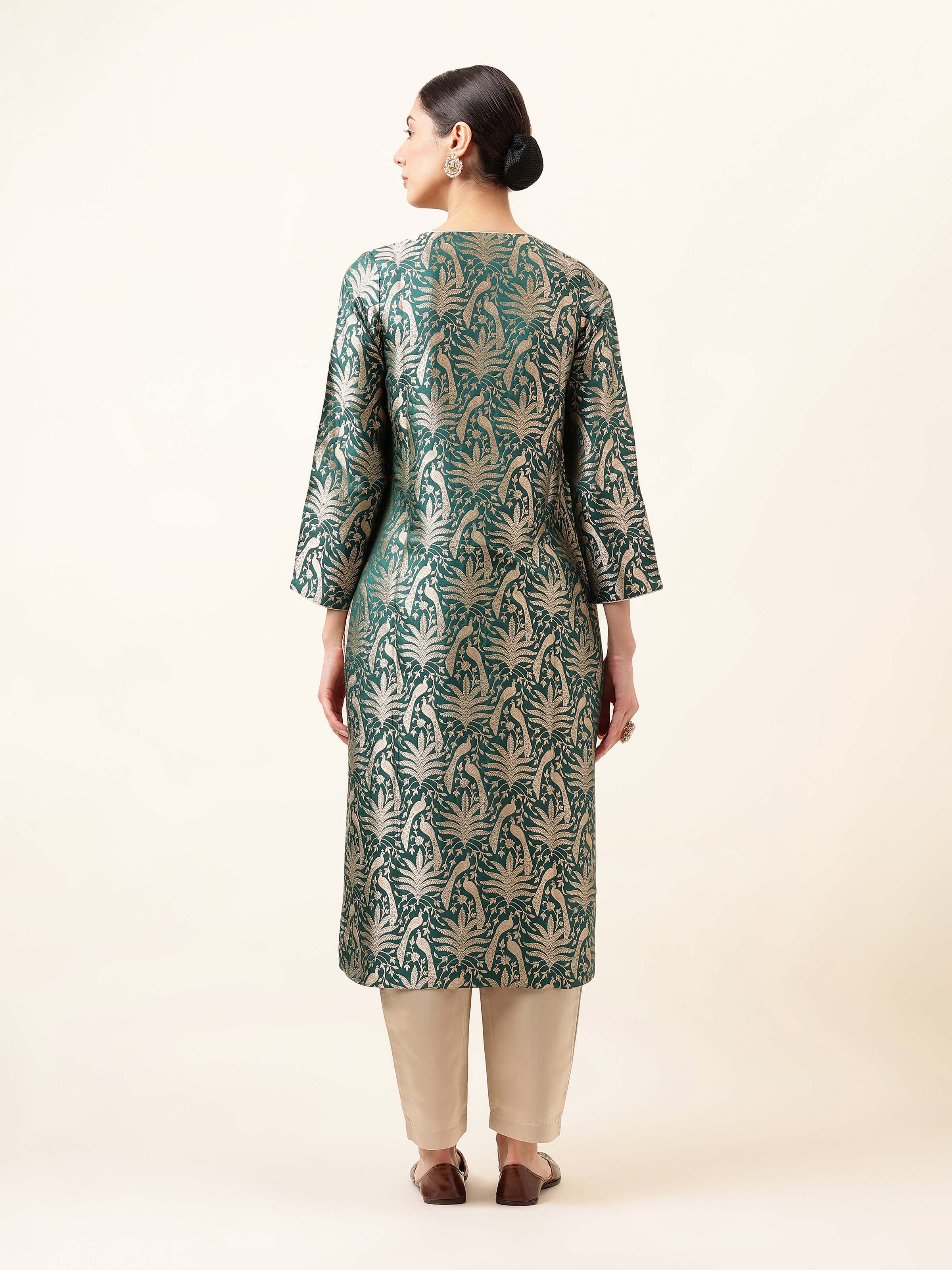 Back view of Green Silk Banarasi Kurta displaying fine tailoring and silk finish
