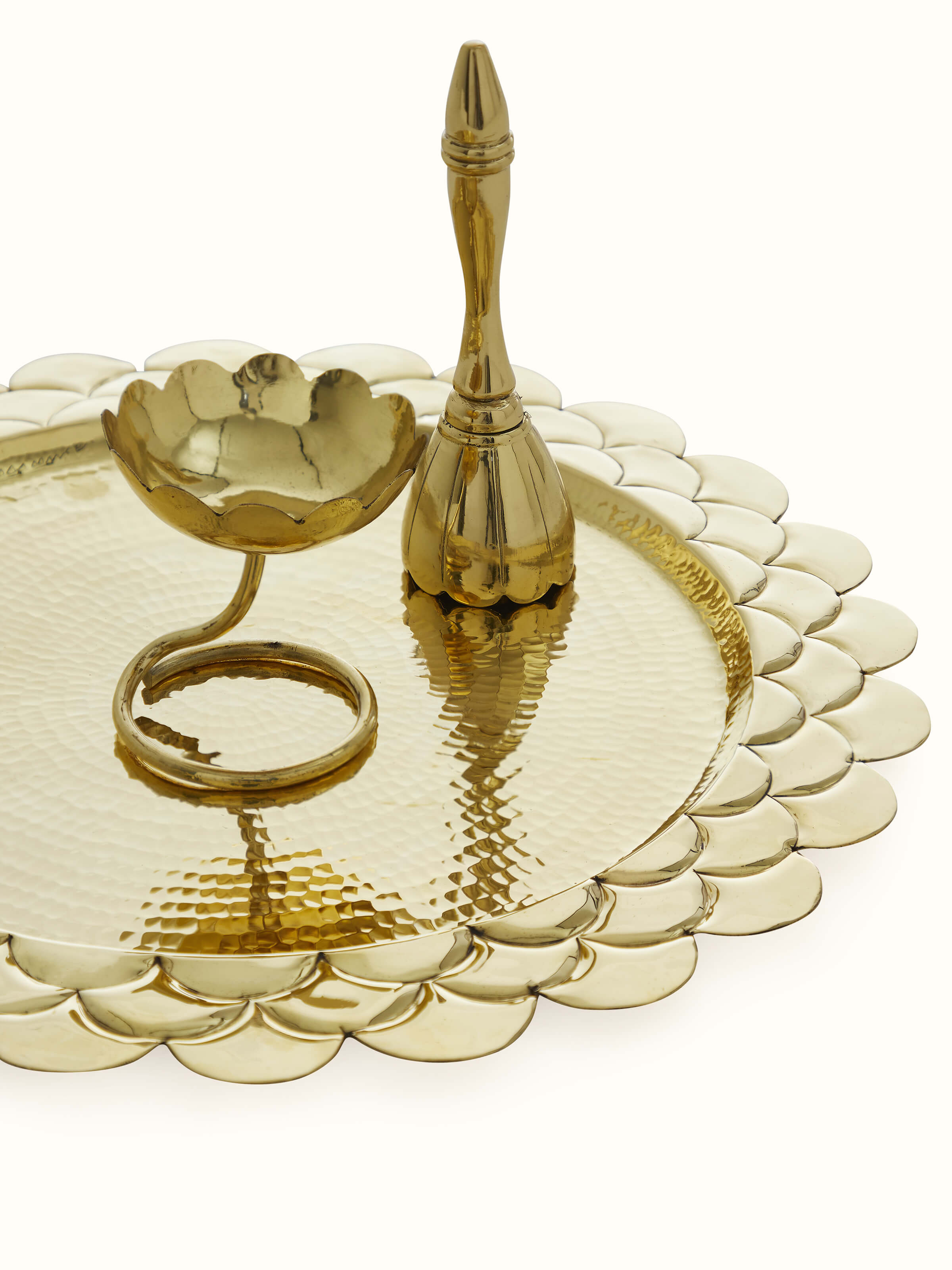 Back view of Polished Brass Pooja Thali Set (3 Pcs) displaying its traditional and elegant design.