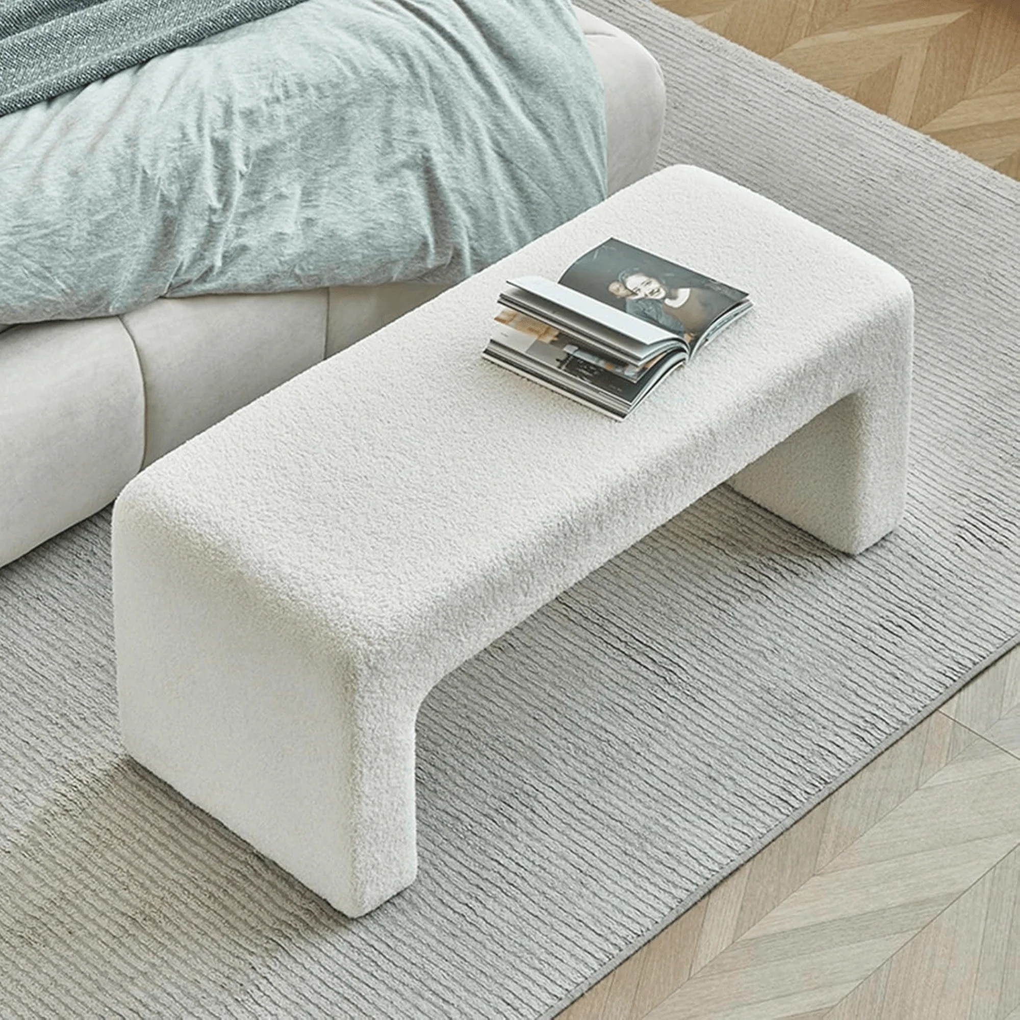 Wooden Twist Soft Furry Boucle Upholstered Ottoman Bench in White Colour