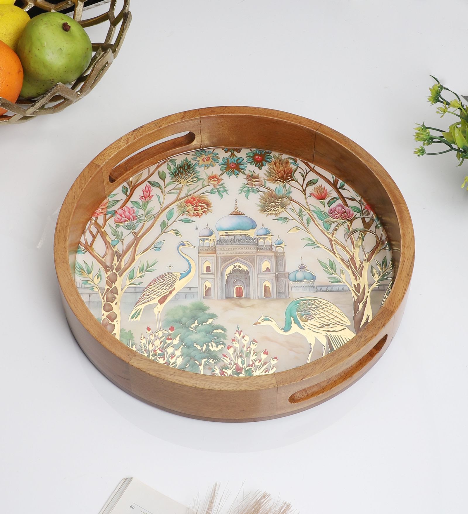 Peacock Palace Round Tray – Mughal-Inspired Art- Large (1 Piece)