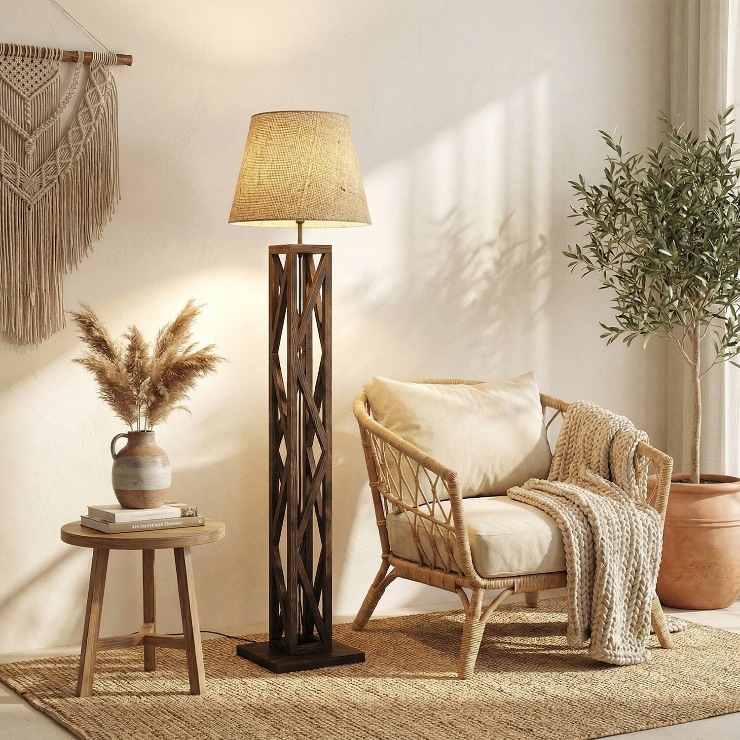 Symmetric Beige Jute Floor Lamp with Beige Jute Base - Symplify