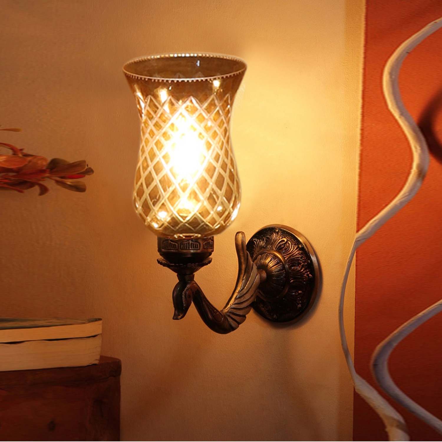 Devansh Metal Electric Wall Light in Antique gold Colour with Lavender Shade Count of 1 Light - Devansh