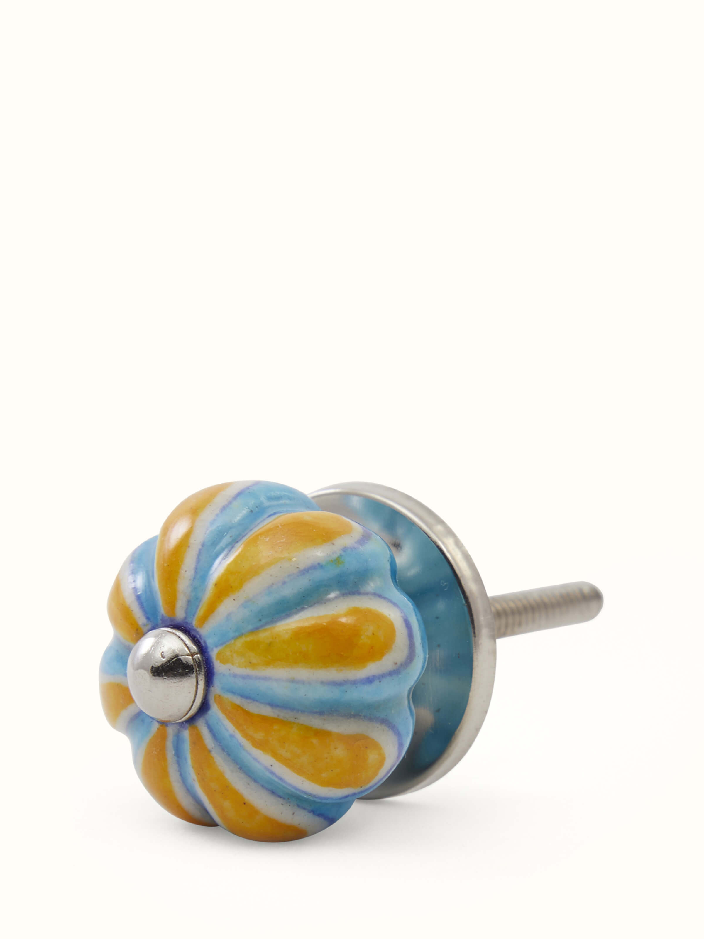 Angled view of Blue Pottery Round Rib Door Knob Set