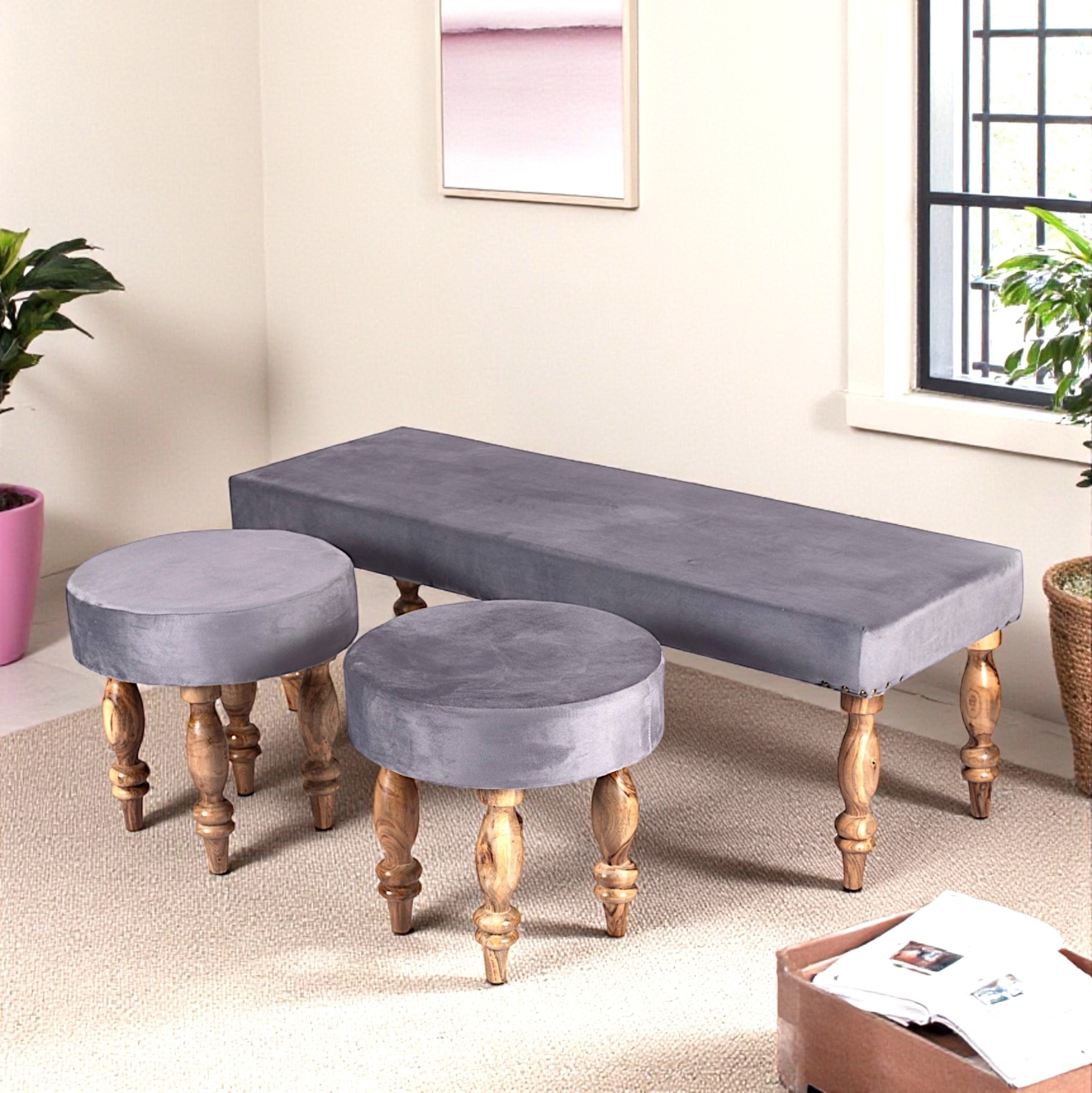 Cairo Sheesham Wood Accent 3+1+1 Seater Bench Set With 2 Stools In Iron Grey Velvet