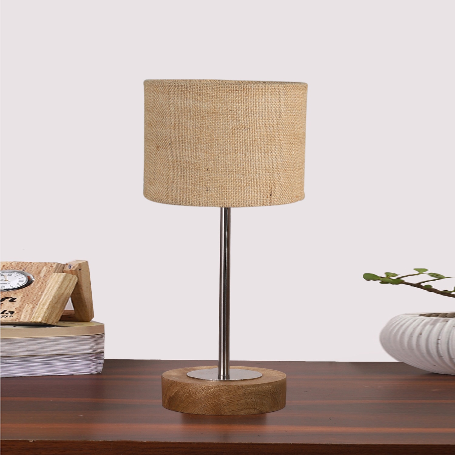 Devansh Beige Jute Table Lamp With Natural Wood Base & Steel Pipe (7X17 Inches)-9
