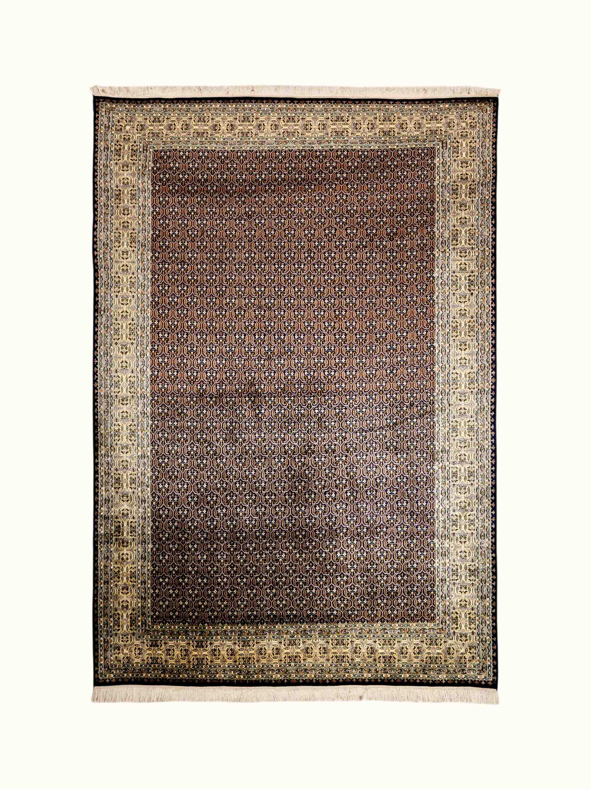 Traditional Persian Navy Ivory Senneh Kashmir Silk Hand-Knotted Carpet