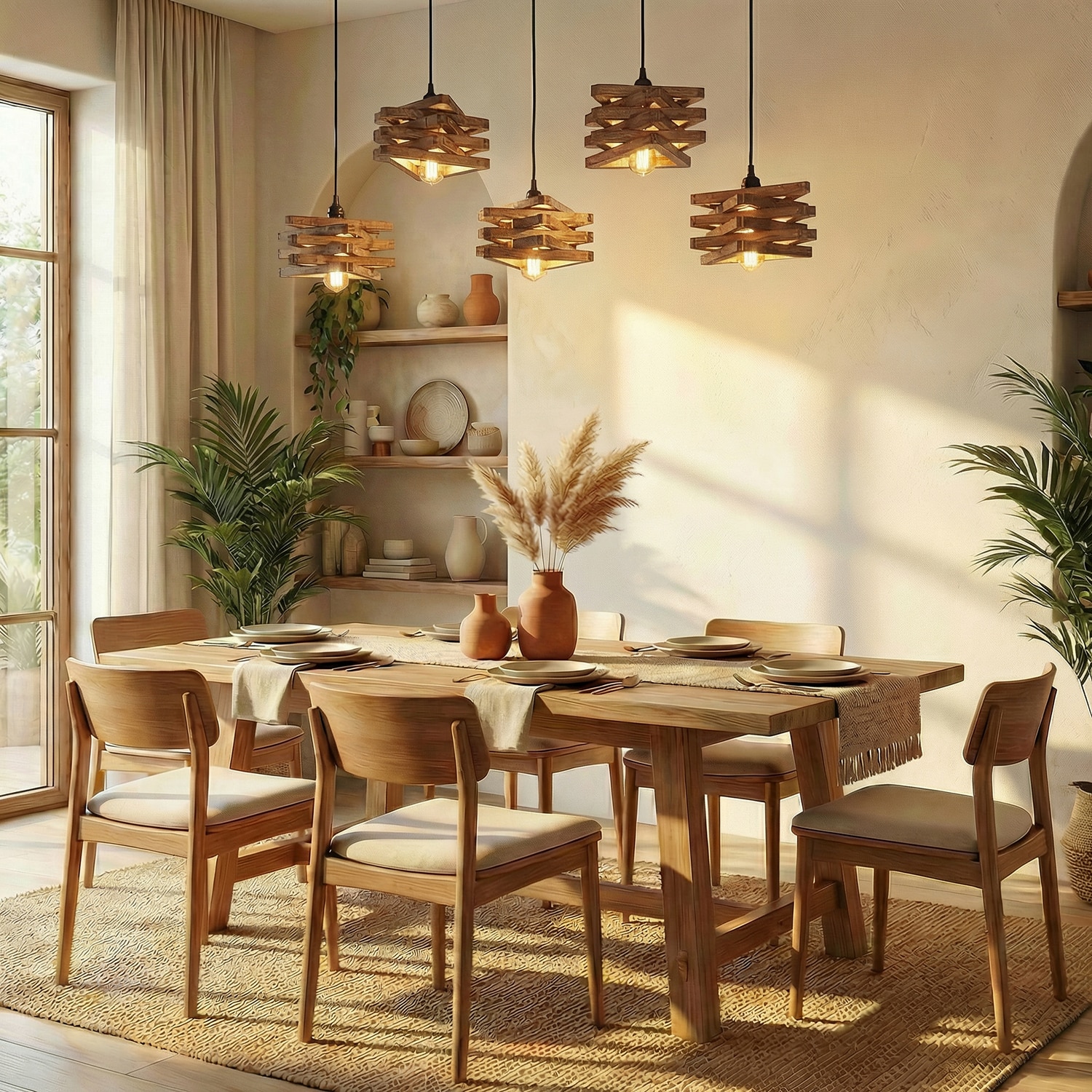 Star 5 Series Brown Solid Wood Cluster Hanging Light