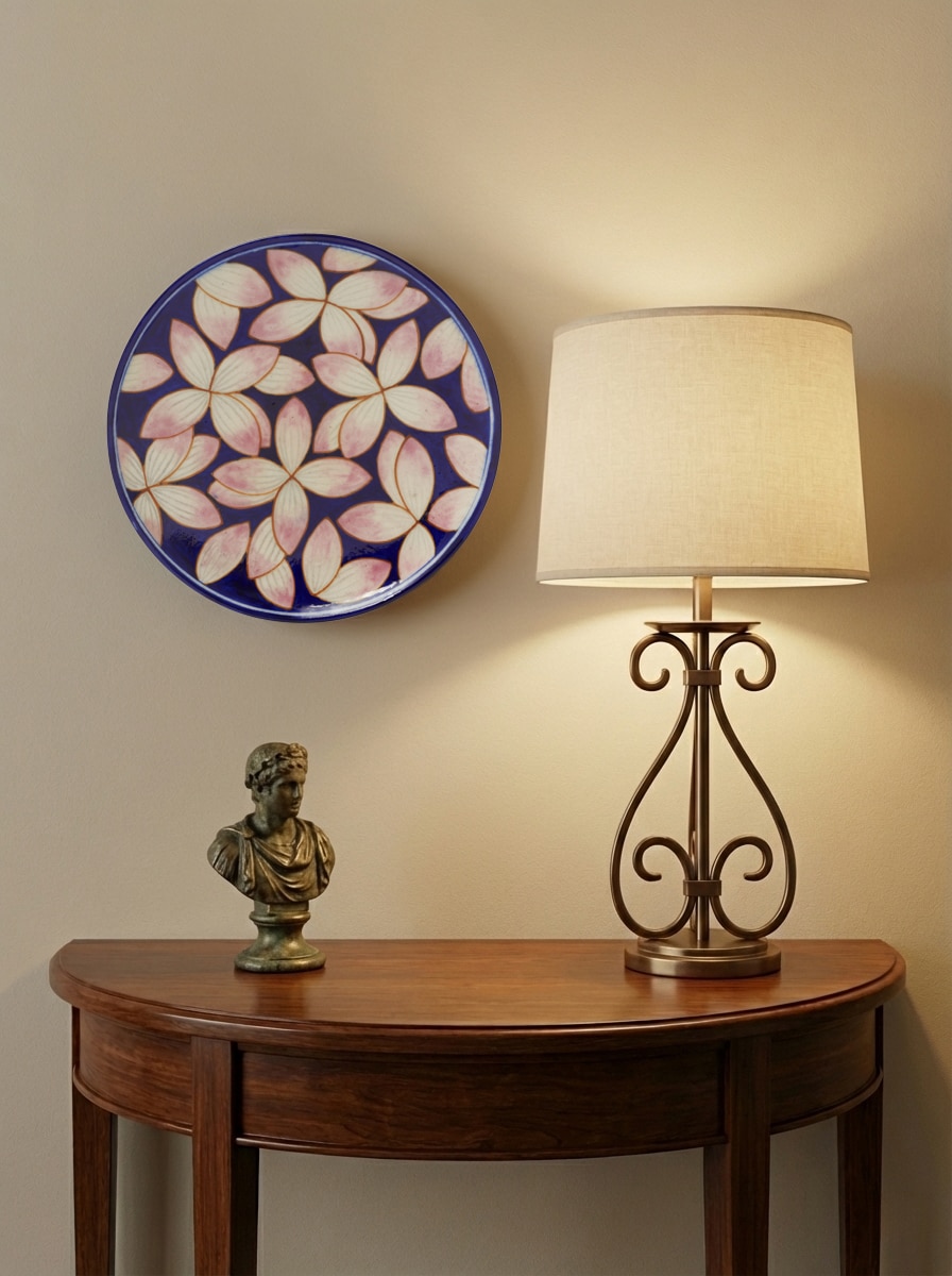 Lifestyle view of Blue Pottery Contemporary Flower Display Plate