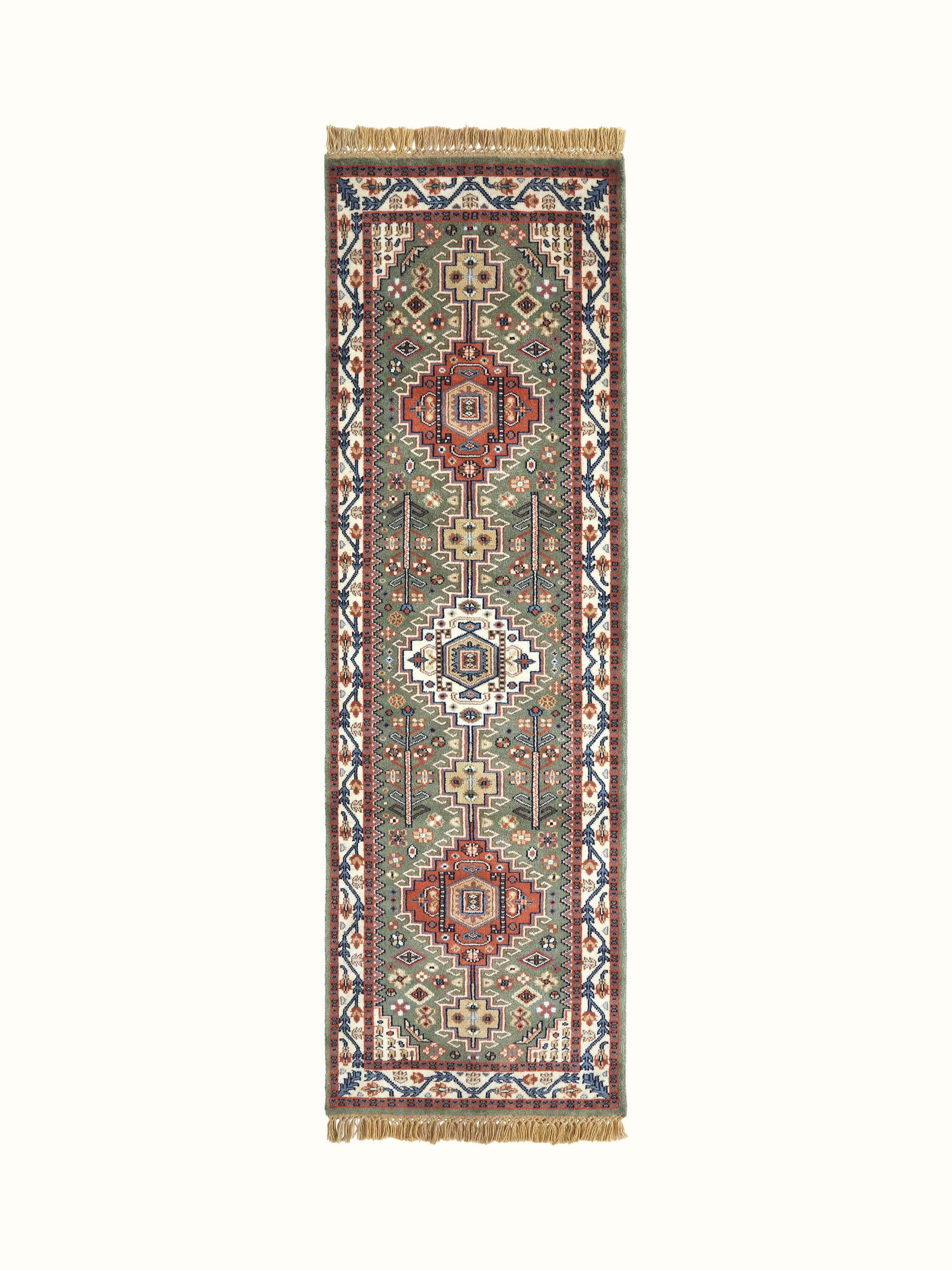 Front view of Persian Kazak light green Gwalior wool hand-knotted runner, displaying its intricate pattern and color