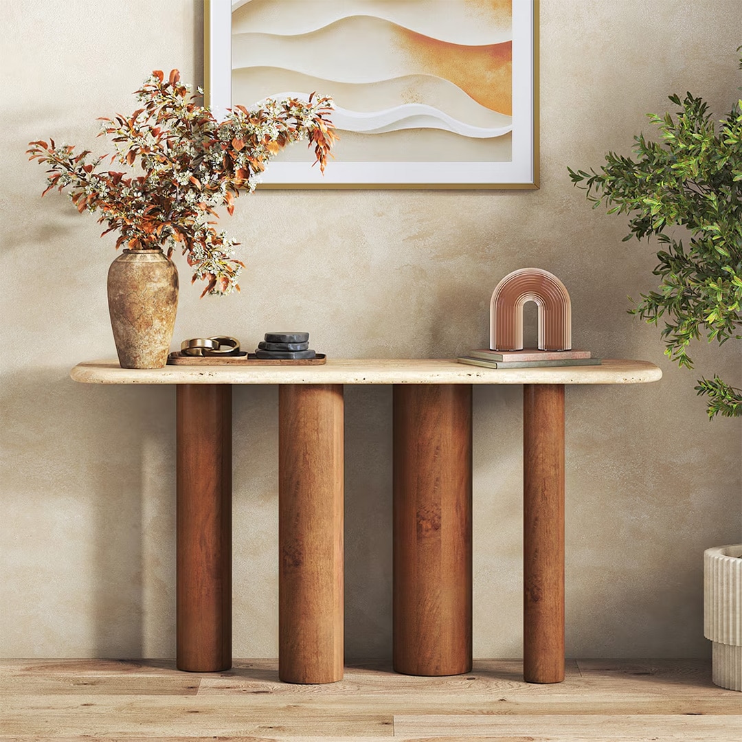 Enzo Travertine Marble and Solid Wood Console Table in Amber Walnut finish