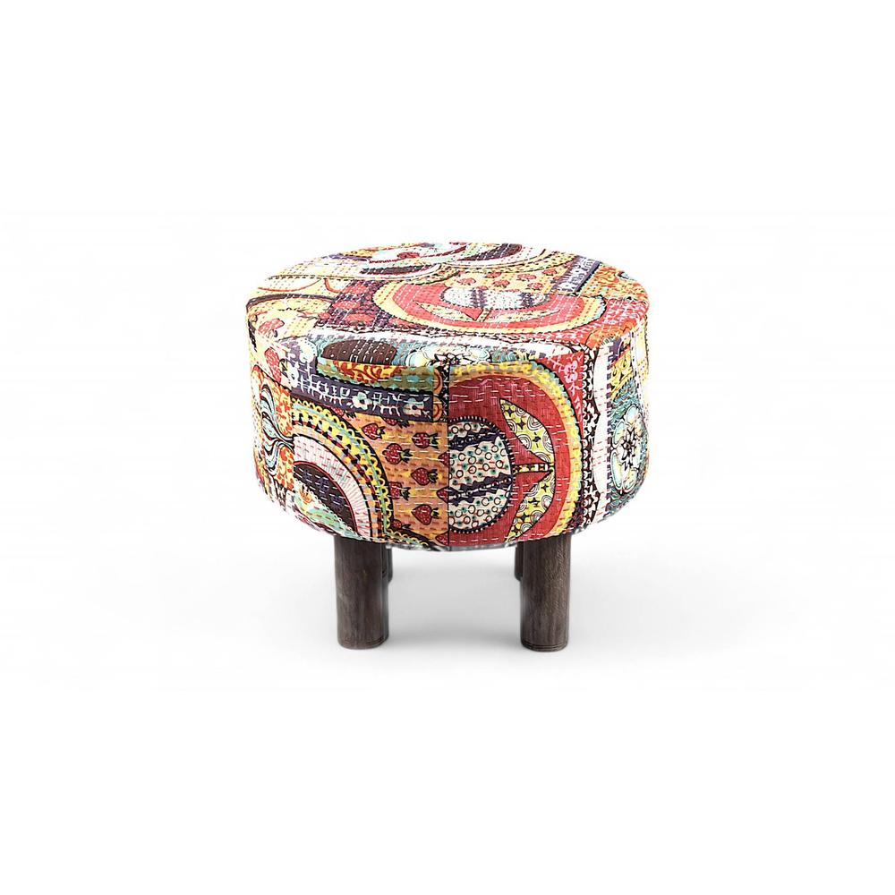 Collio Solid Wood Pouffee in Multicolour Patch Kantha Fabric