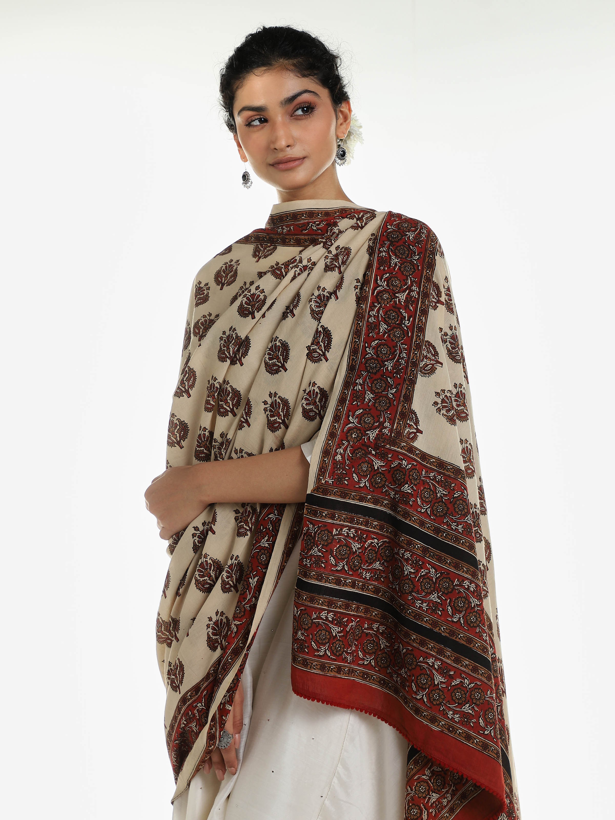 Beige Cotton Bagru Block Printed Dupatta