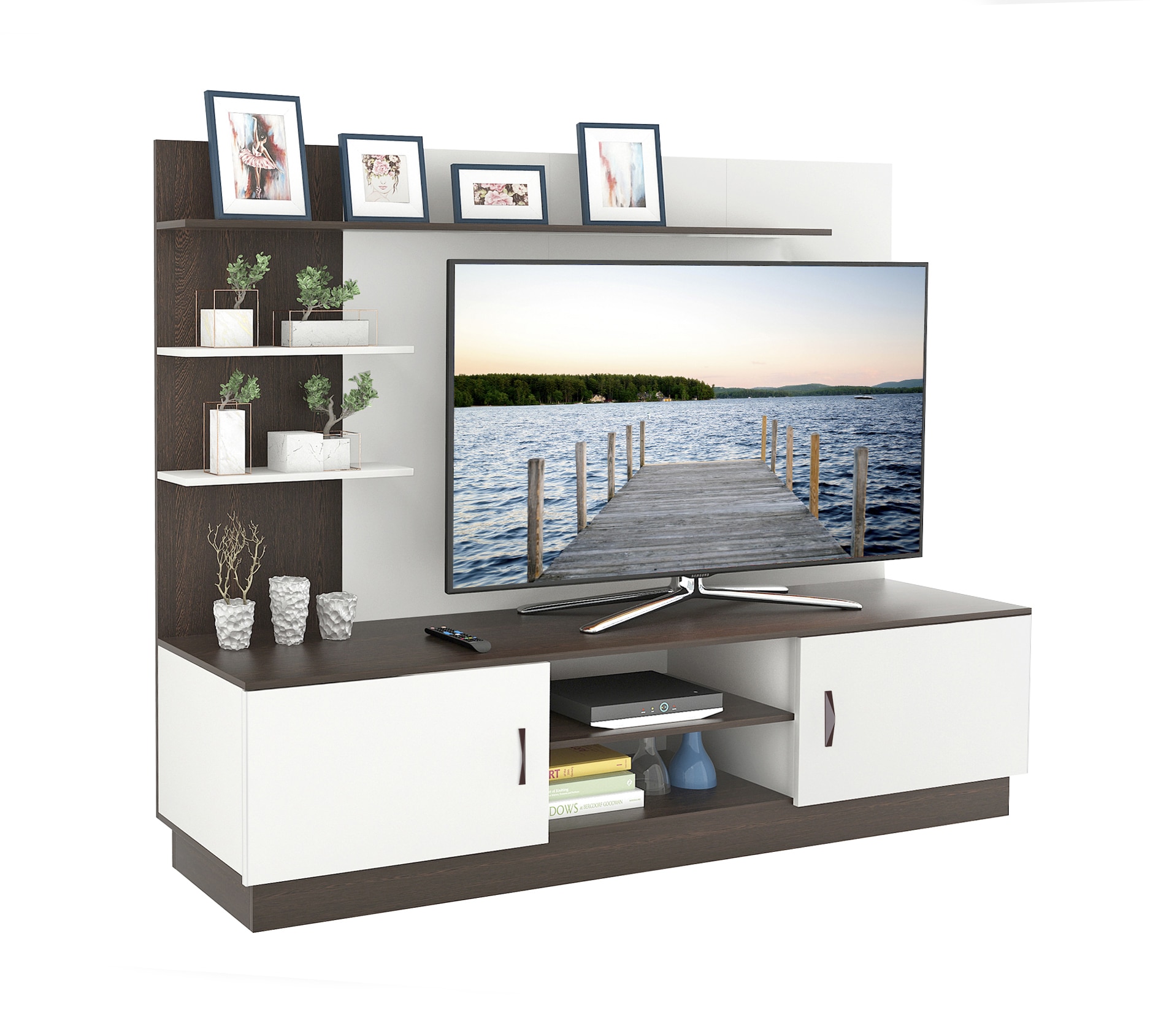 BLUEWUD Rowlet Large Engineering Wood Floor Standing TV Entertainment Unit Set Top Box Stand/TV Cabinet Panel with Shelves for Books & D�cor Display Unit Bed Living Room Upto 55 Inches (Wenge & White)