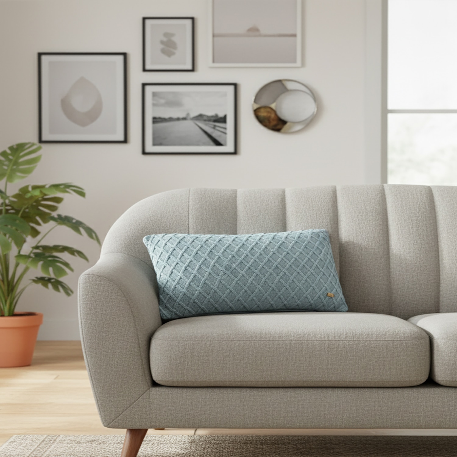 Crest Blue Grey Cotton Knitted Cushion Cover 12X20 Inches - Pluchi