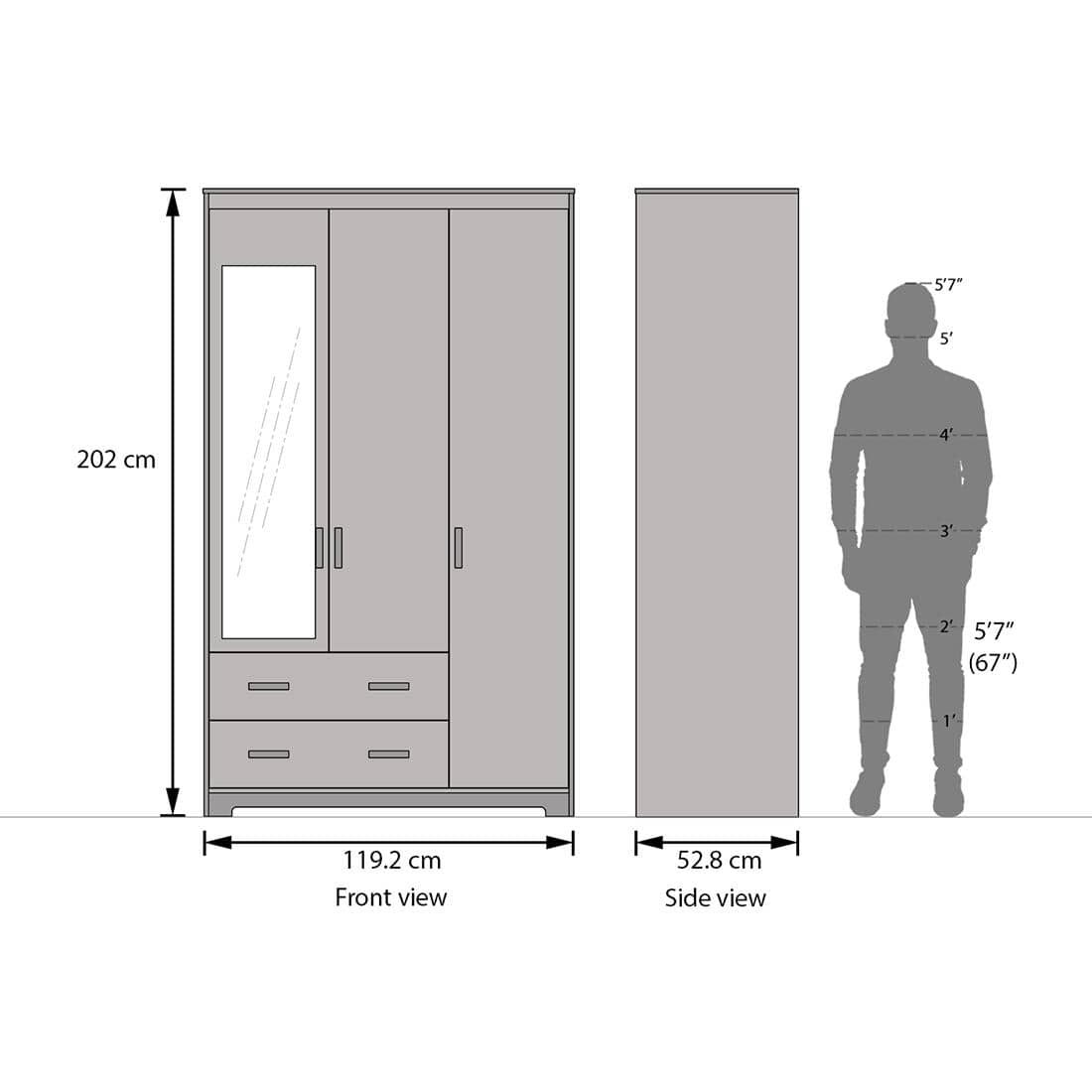 Miller 3 Door 2 Drawers Wardrobe With Mirror and Lock in Two Tone Finish