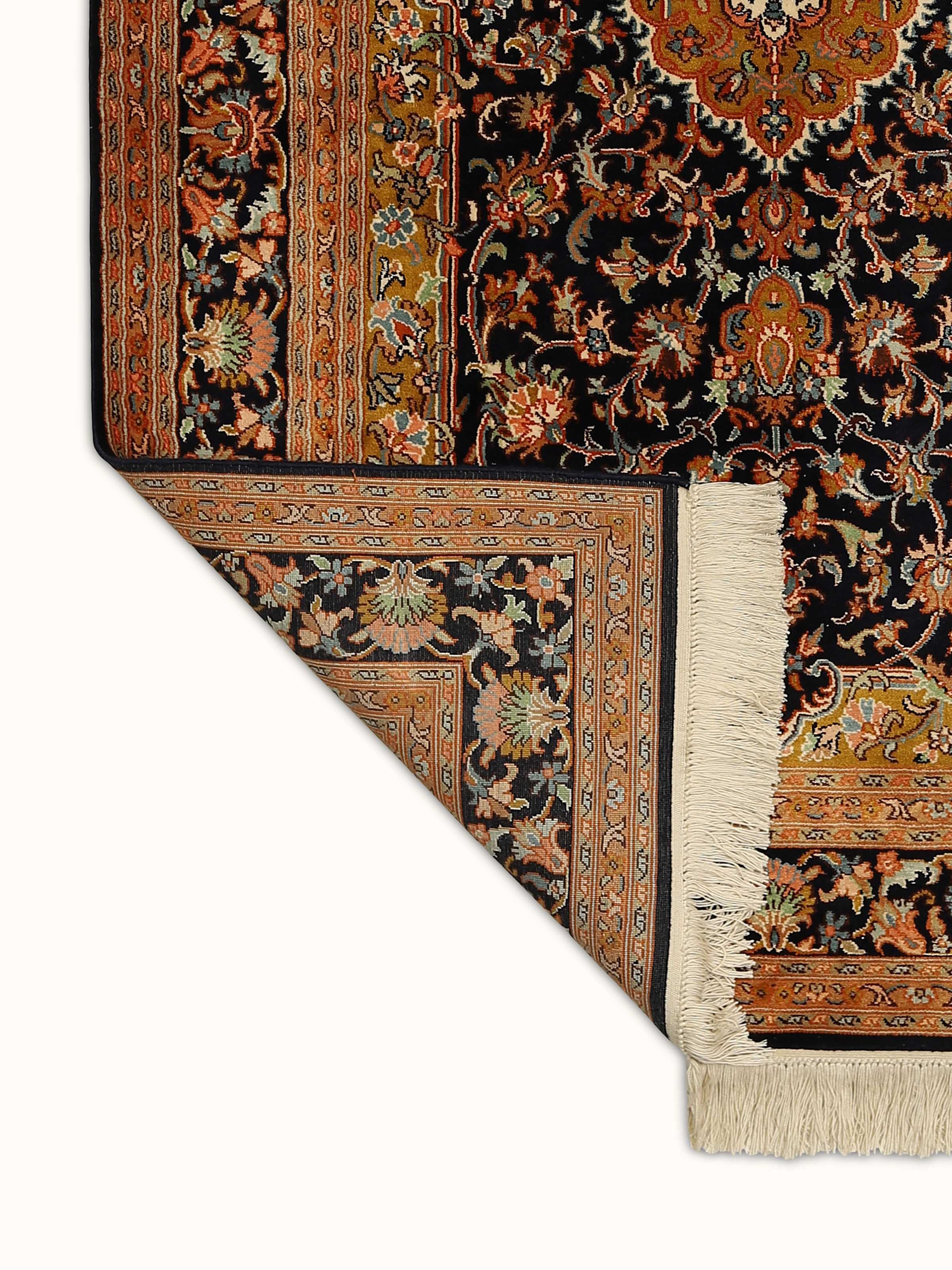 Traditional Persian Navy Blue Tabriz Kashmir Silk Hand-knotted Rug