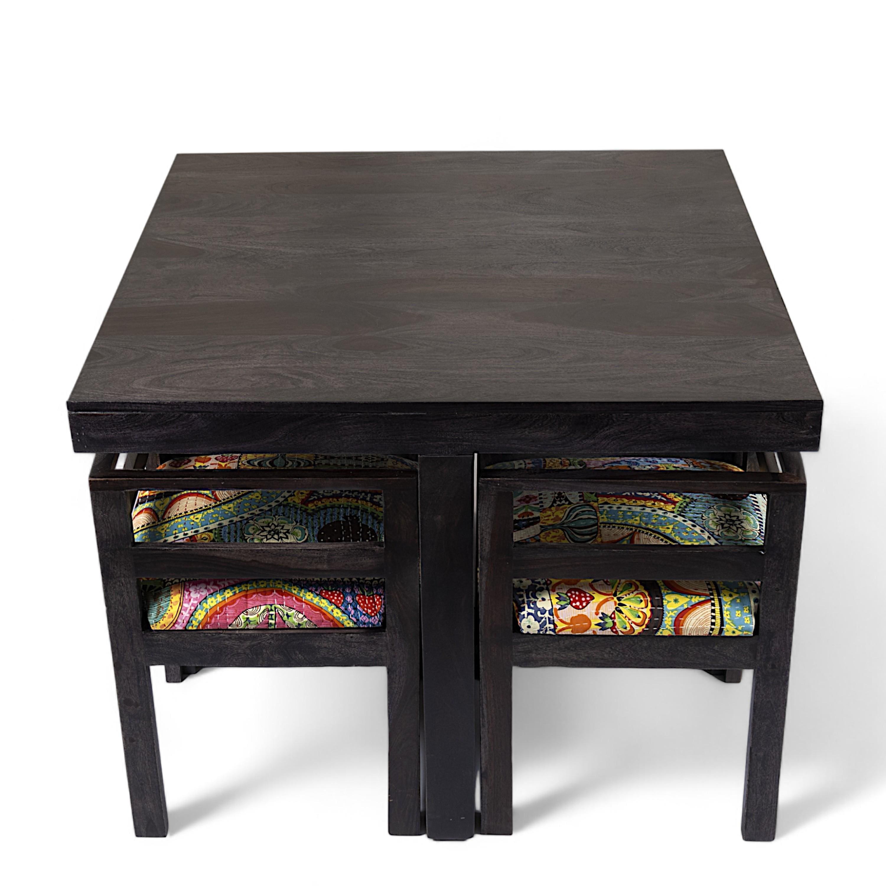 Kingston Sheesham Wood 4 Seater Dining Table Set in Mahogany Finish & Multi Colour Israel Print Kantha fabric Upholstery