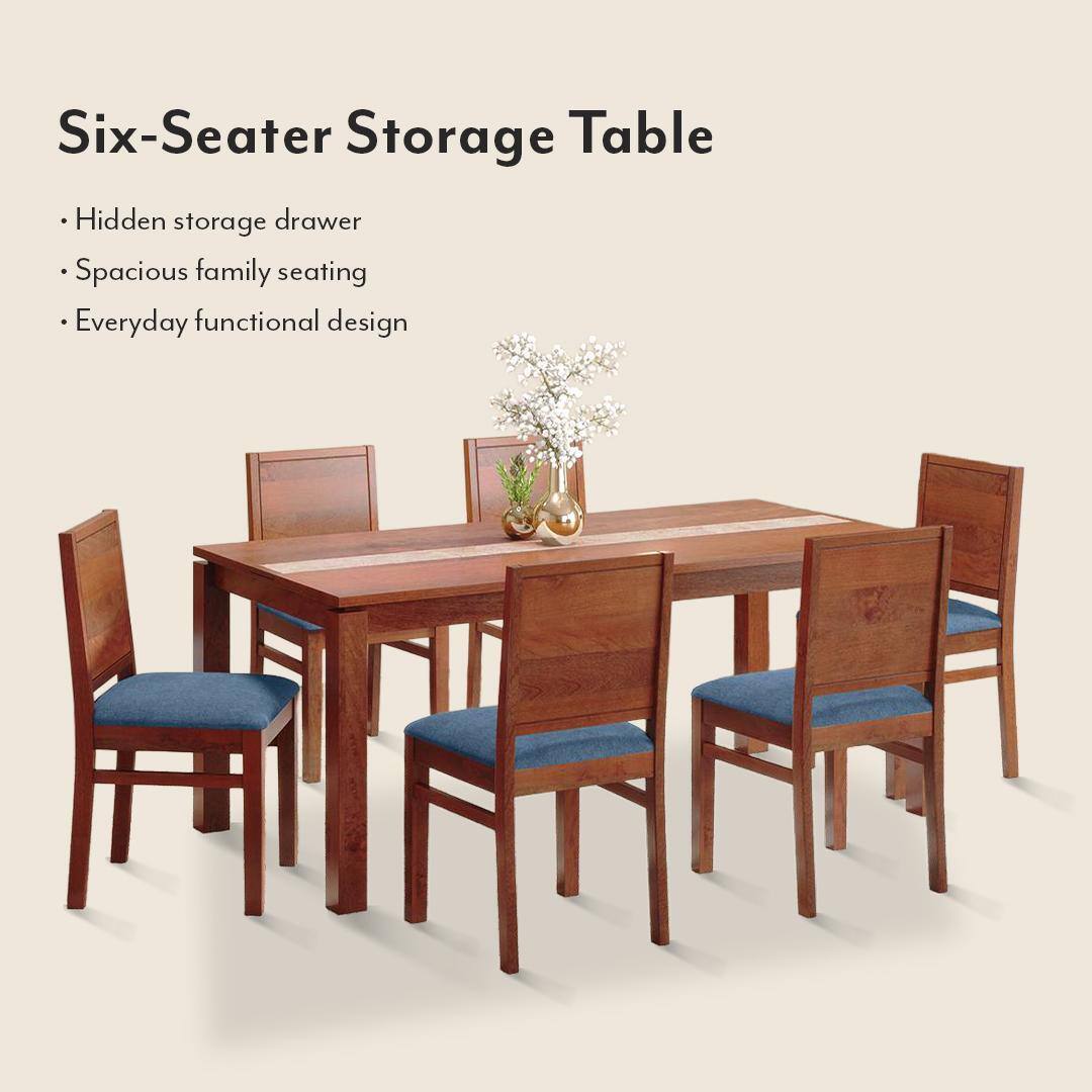 Atlas Crest Storage Solid Wood 6 Seater Dining Table With Atlas Dining Chairs Set