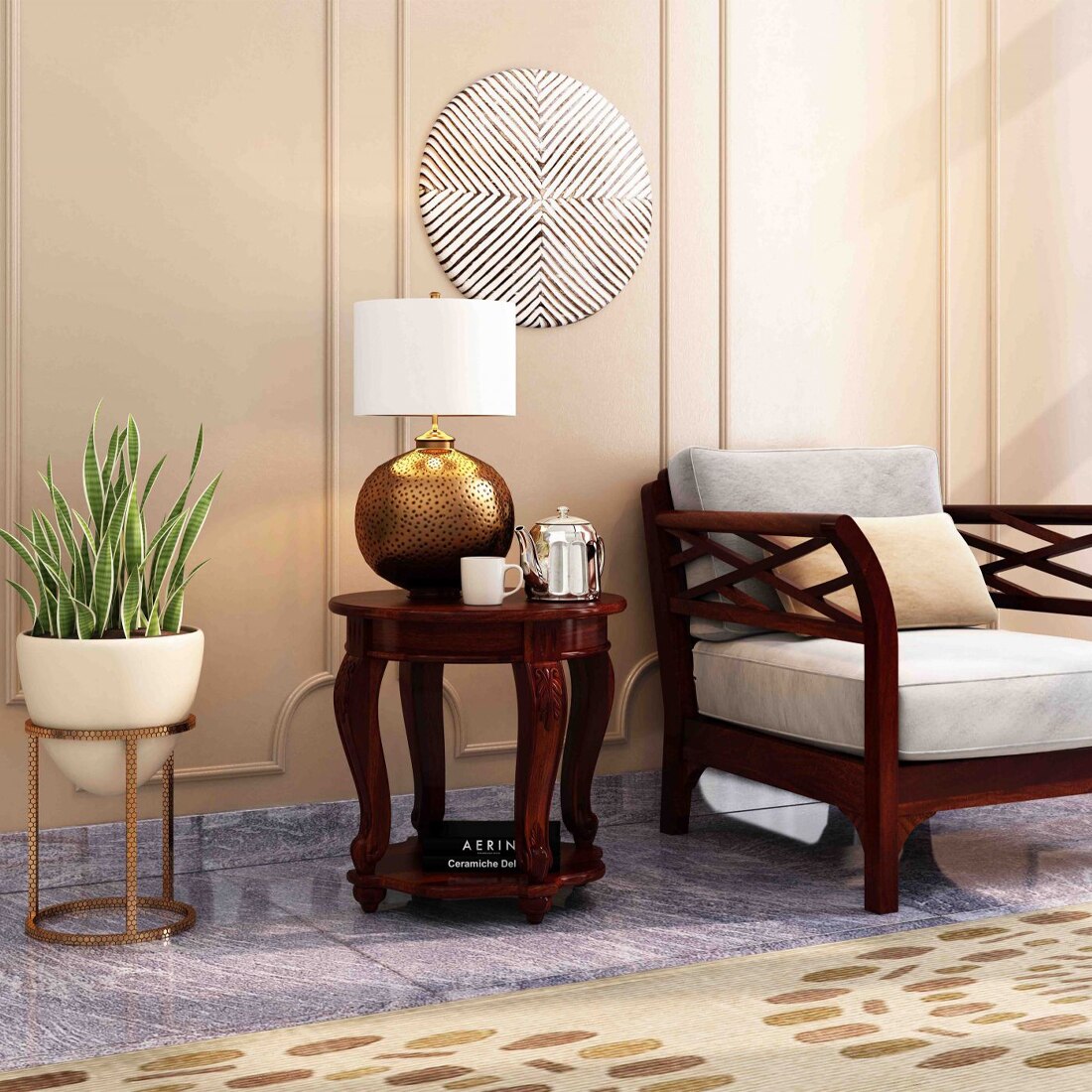 Lion Solid Wood Bedside Table in Teak Finish