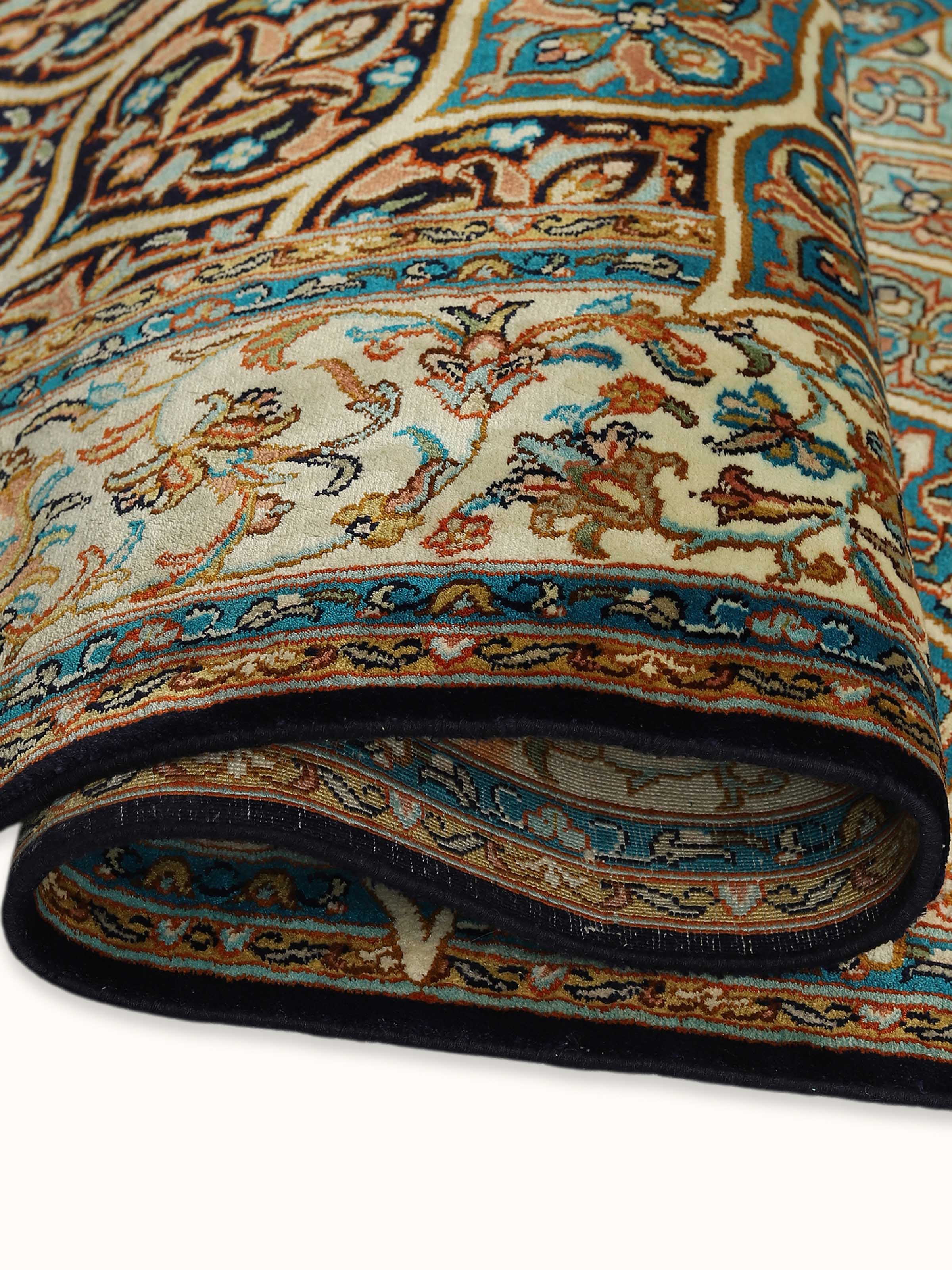 Traditional Persian Blue Gumbad Kashmir Silk Hand-Knotted Rug