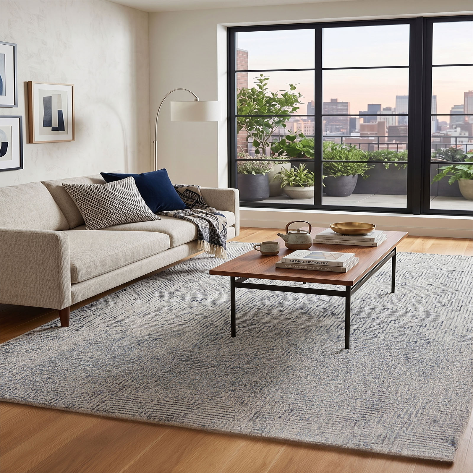 Contemporary Line Art Area Rug Navy Maze 64 x 92 - The Woven Legacy