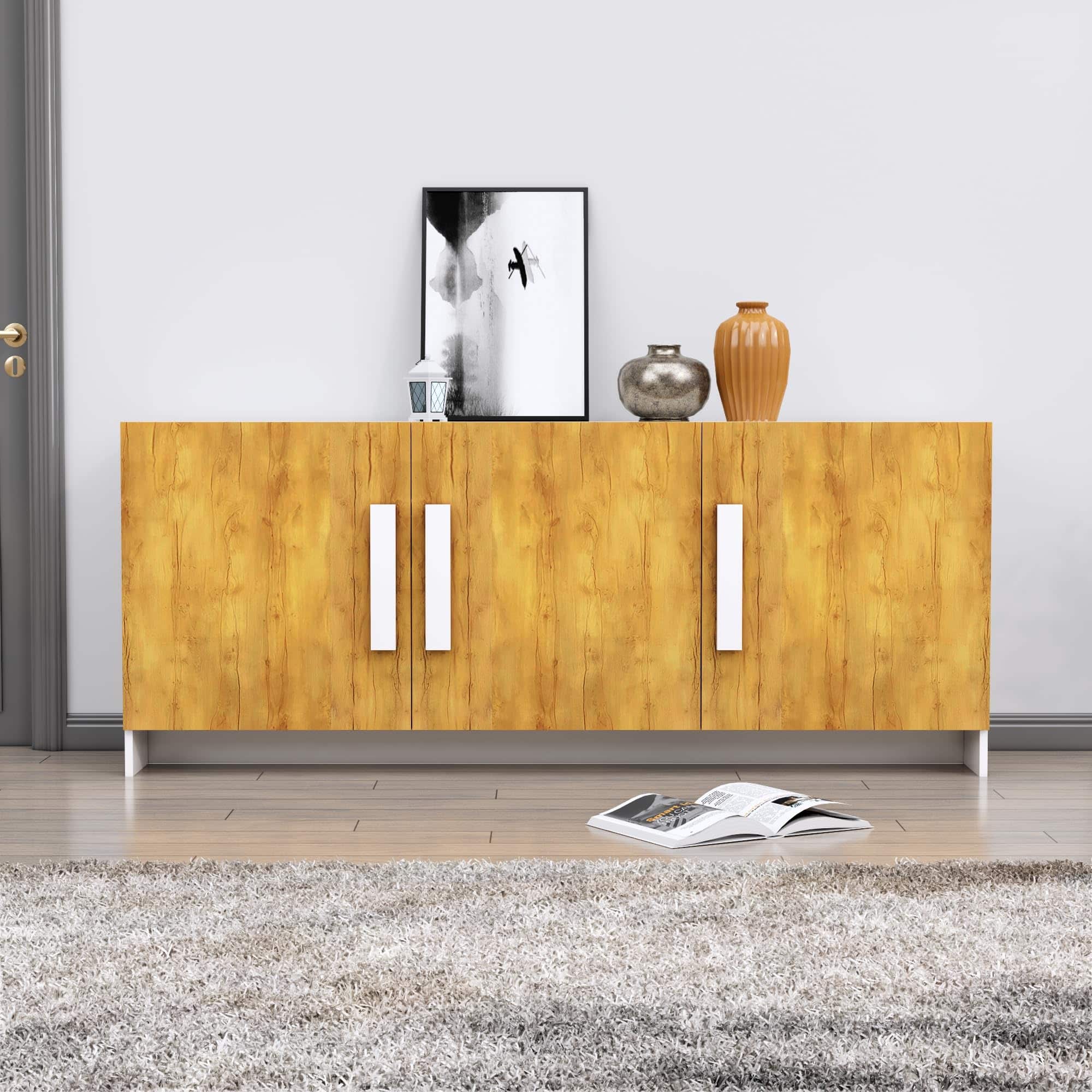 Hexa Red Multipurpose Storage Cabinet With 3 Door in Frosty White And Giant Wood Colour - HexaRed