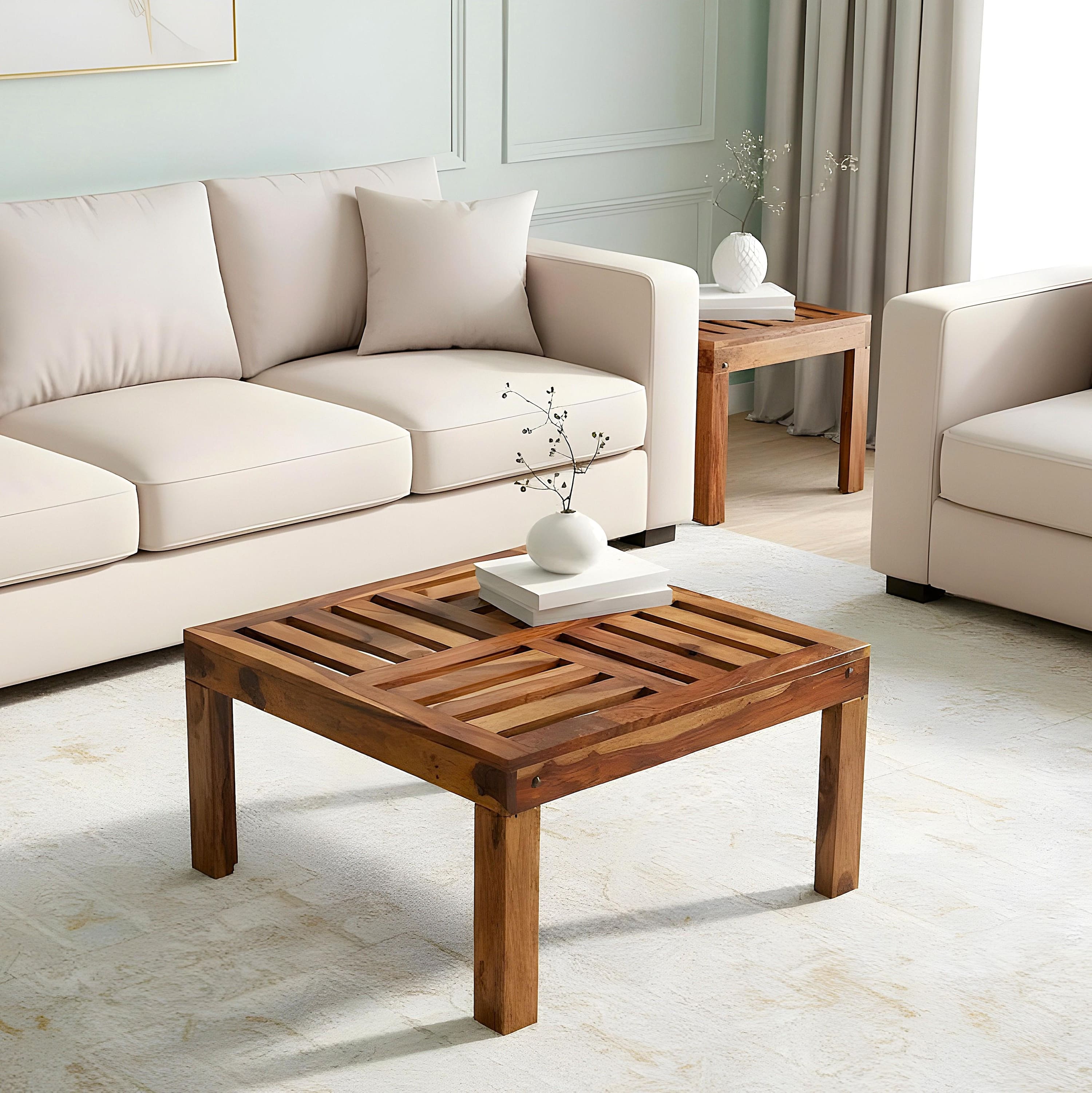 Sydney Sheesham Wood Contemporary Square Coffee Table In Natural Teak Finish