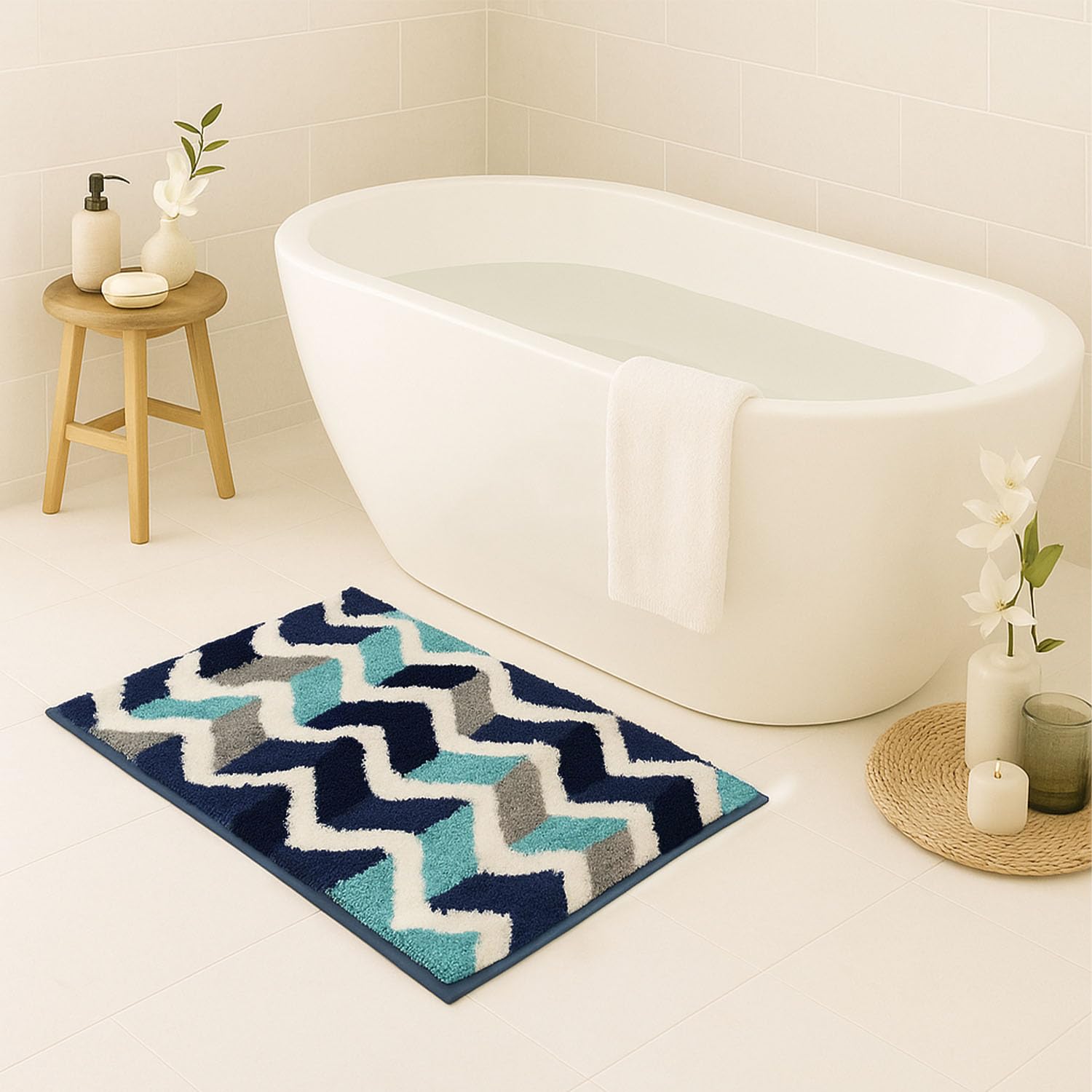 Luxe Home Macau Zigzag Bath Mat (40x60 cm)- Blue