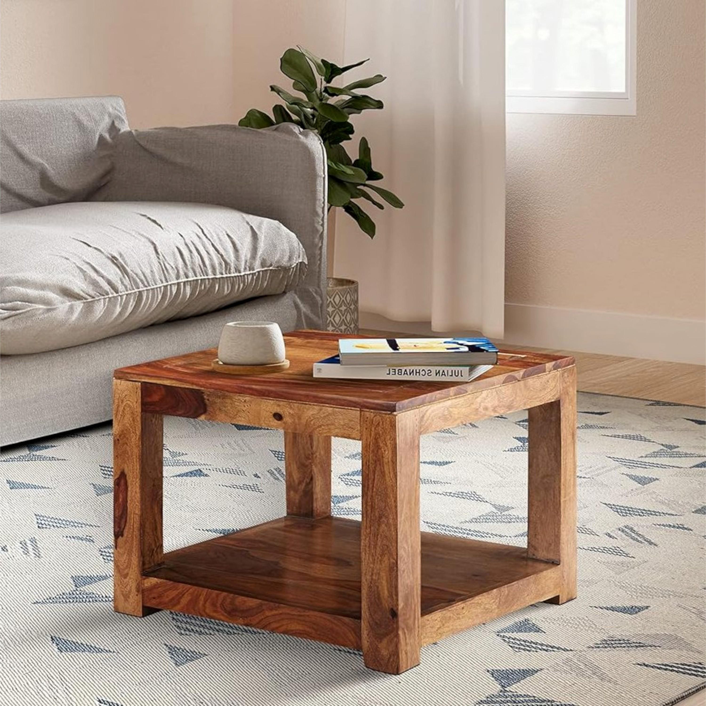 Lisbon Sheesham Wood Contemporary Square Coffee Table In Natural Teak Finish