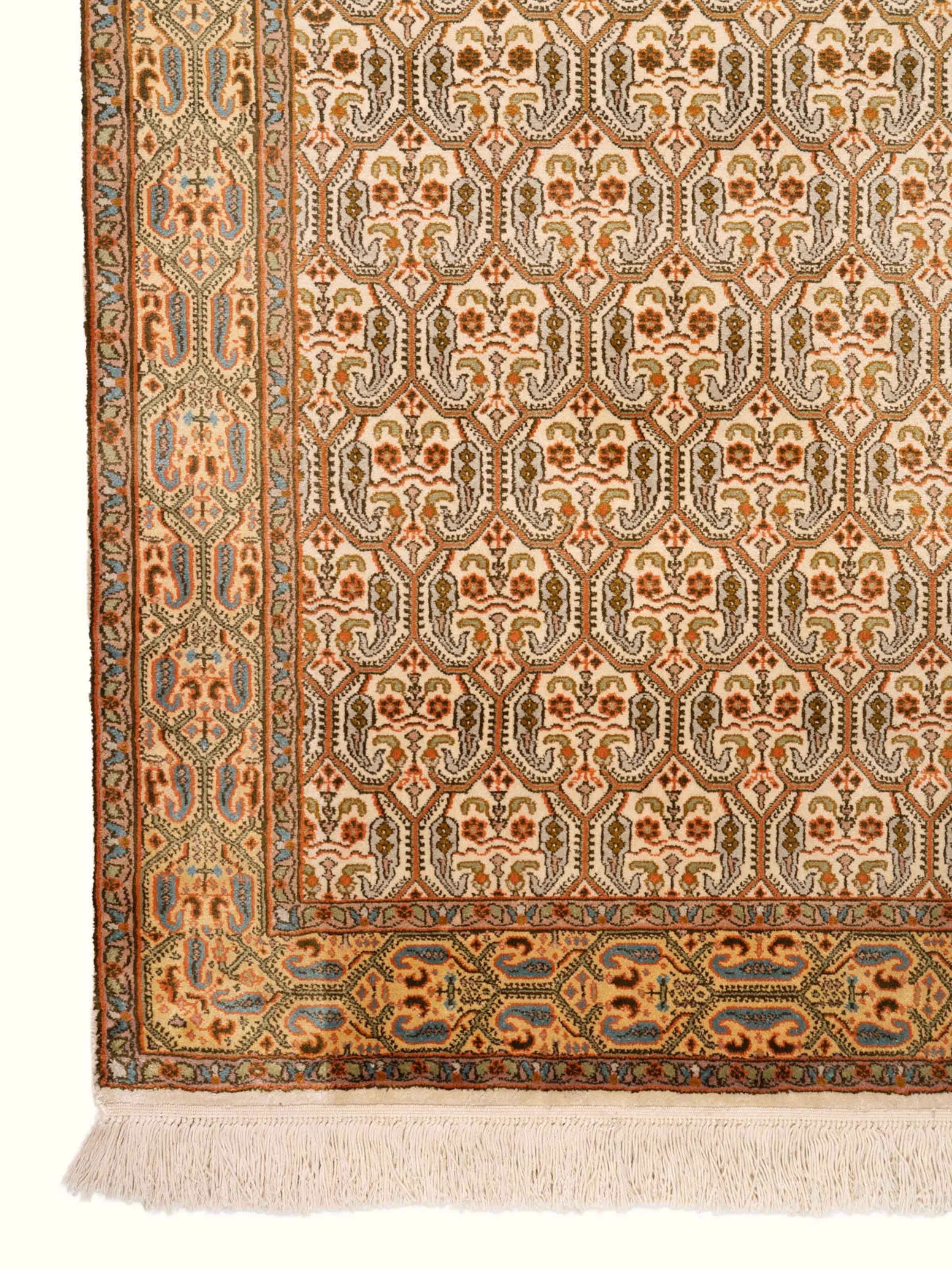 Traditional Persian Ivory Senneh Kashmir Silk Hand-Knotted Carpet