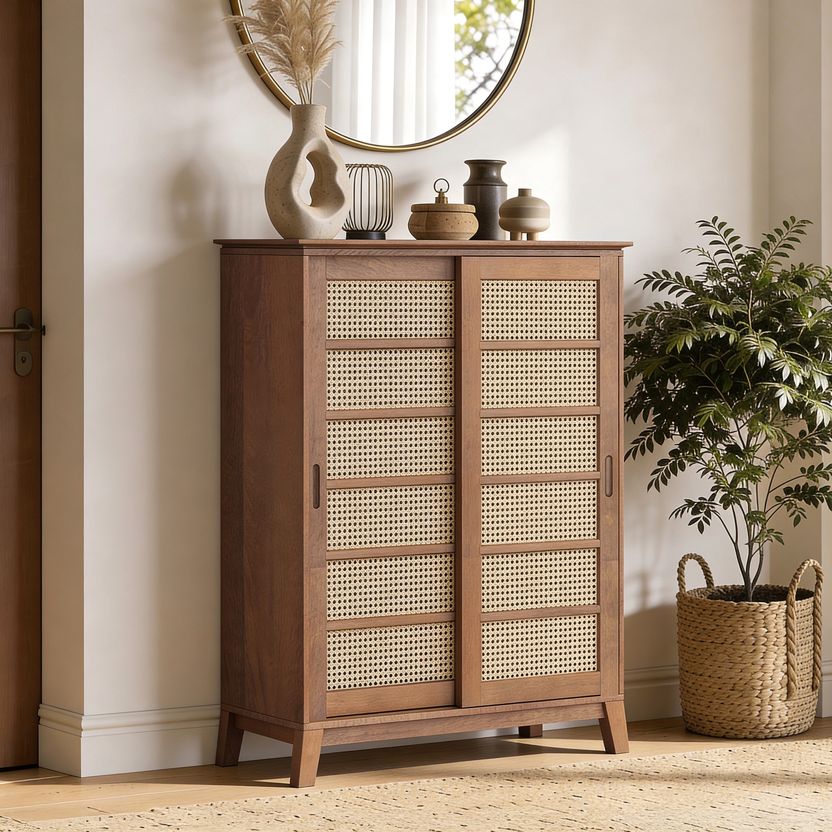 Fujiwara 24 Pair Solid Wood and Cane Shoe Cabinet In Amber Walnut Finish