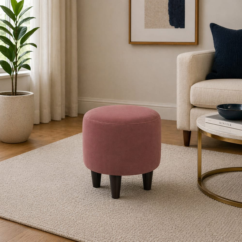 Doe Buck Velvet Round Ottoman Stool in Pink Colour with Wooden Legs - Doe Buck