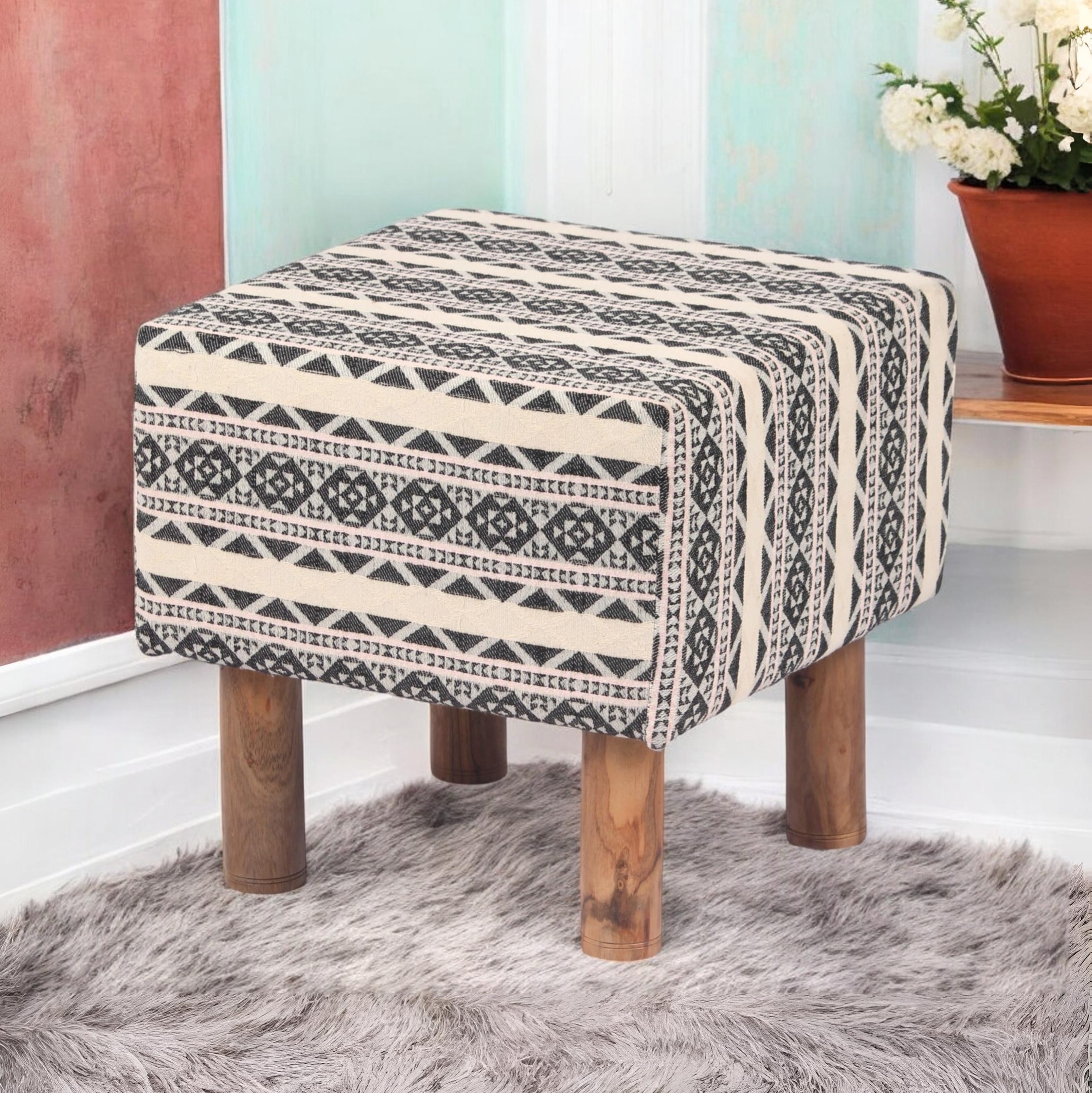 Verona Solid Wood Pouf Stool in Stripe Beige Jackard fabric
