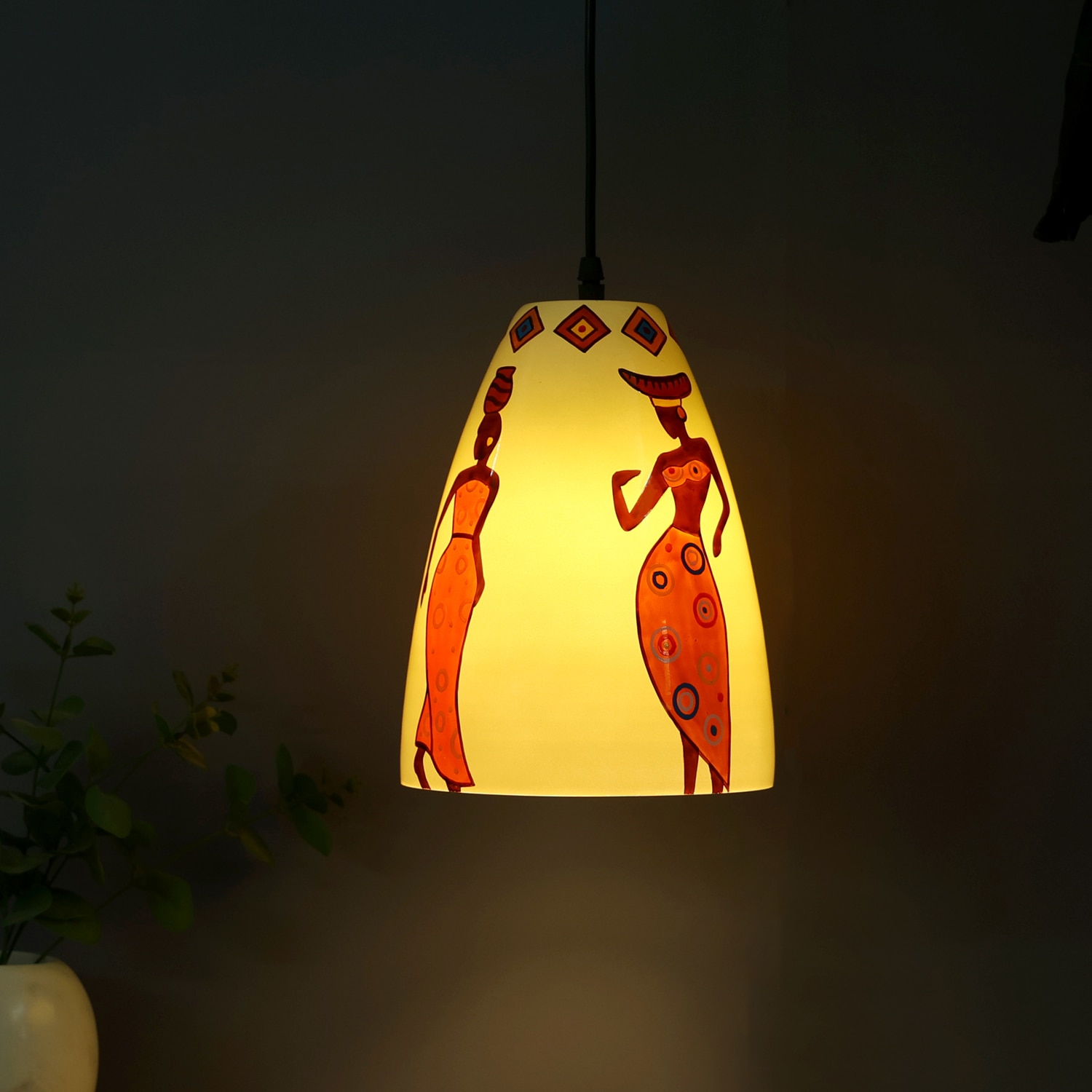 Folk Art Glass Electric Hanging Light in White Colour - Posh N Plush
