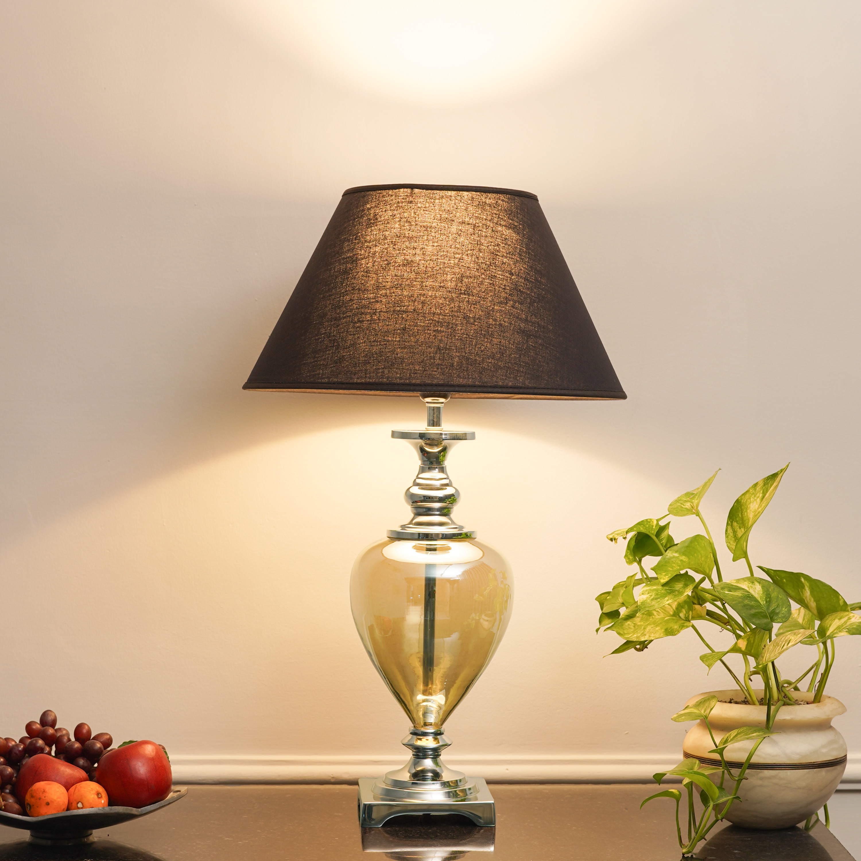 Hinton Smoke Glass And Nickel Finish Metal Table Lamp With Black Cotton Shade