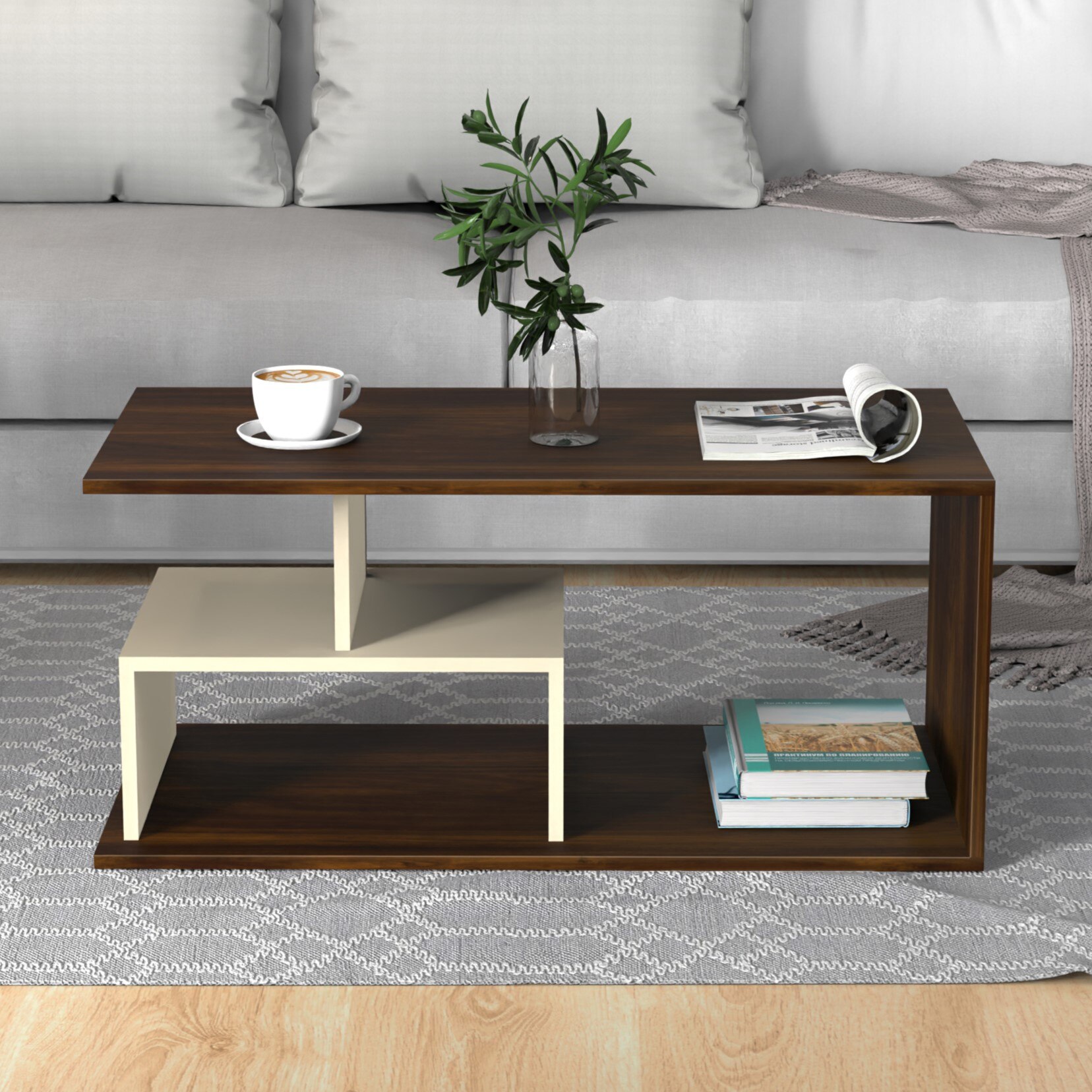 BLUEWUD Smohn Engineered Wood Coffee Center Sofa Tea/Teapoy Console Table for Sofa Set Living Room Home Hall (Brown Maple & Beige)