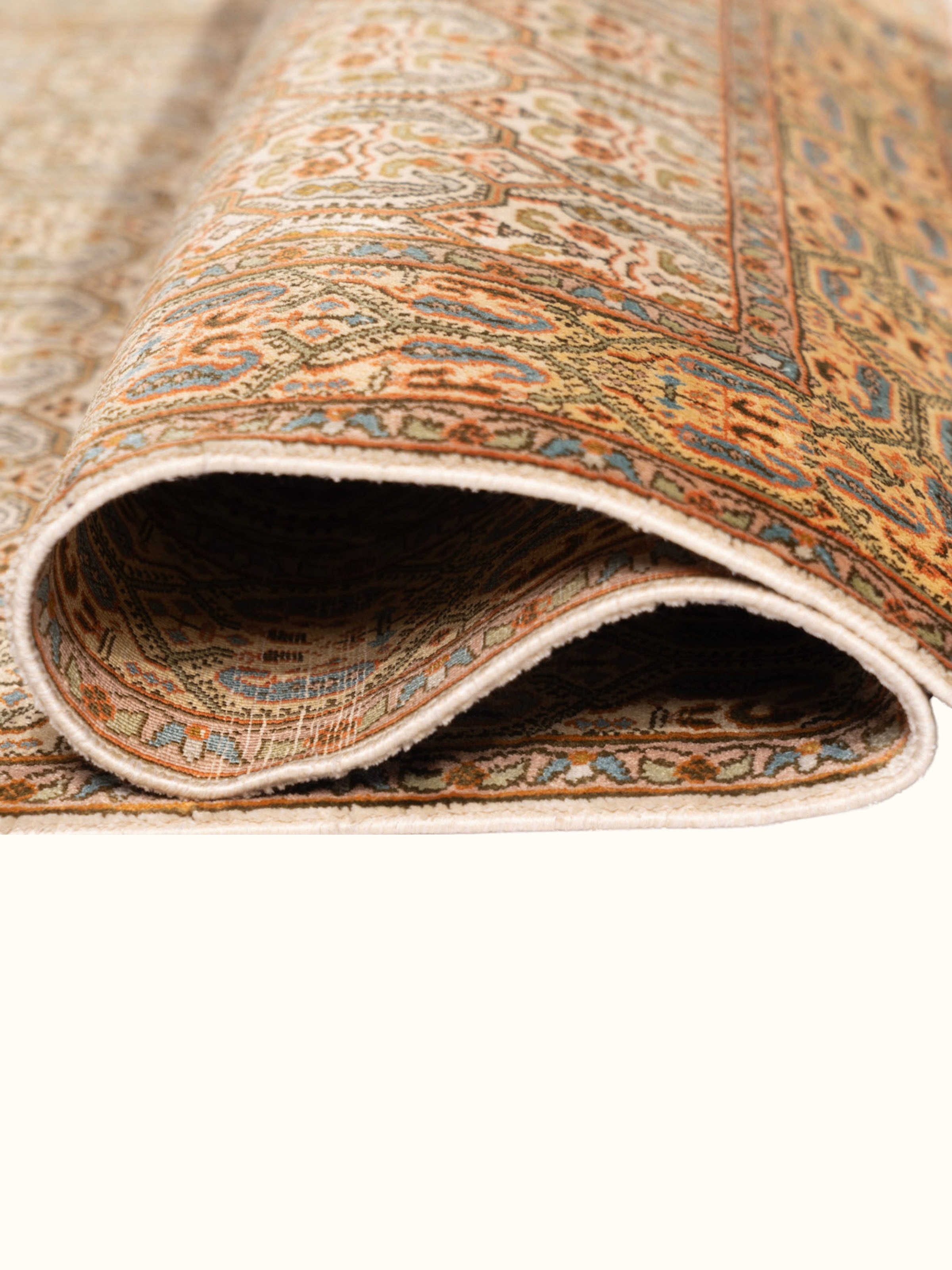 Traditional Persian Ivory Senneh Kashmir Silk Hand-Knotted Carpet