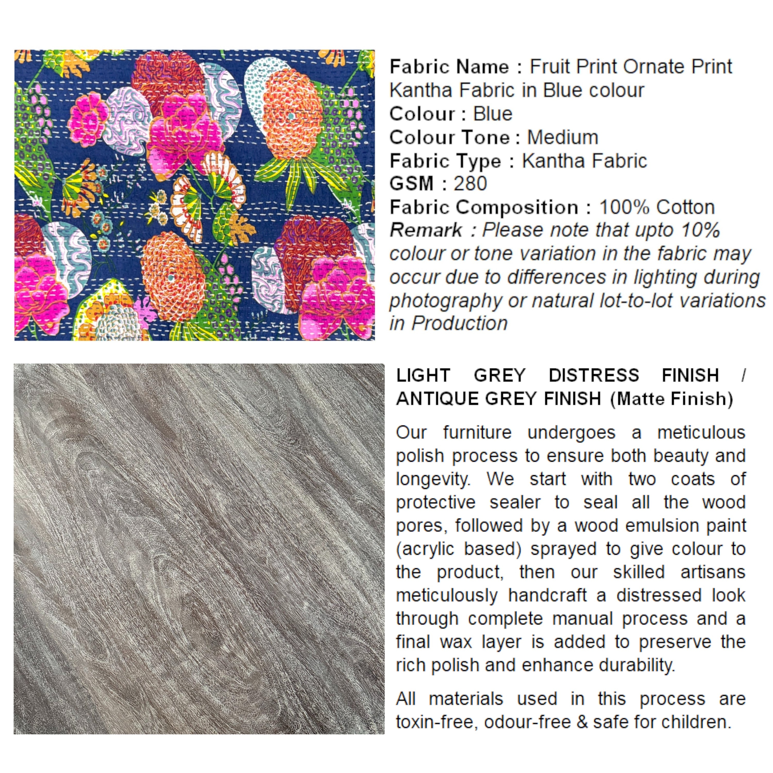 Camilla Solid Wood 2 Seater Bench In Fruit Print Blue Ethnic Kantha Fabric