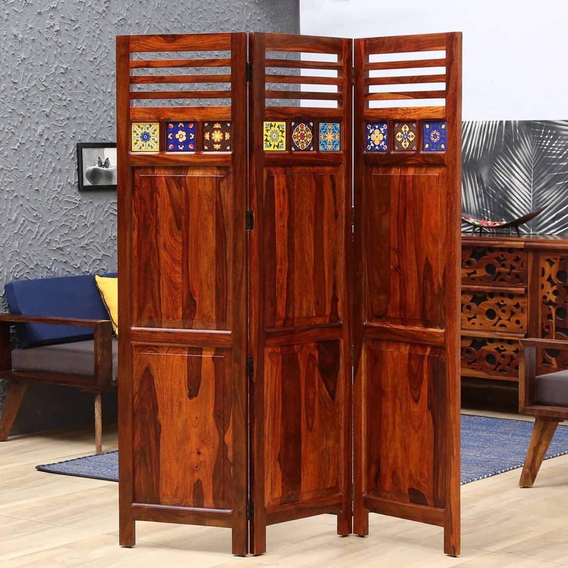 Rangrez Sheesham Wood Room Divider In Natural Finish
